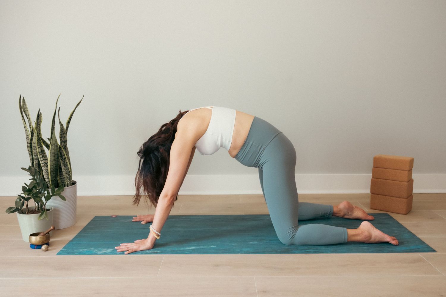 Person demonstrating yoga pose on teal exercise mat with blocks and houseplant in background.