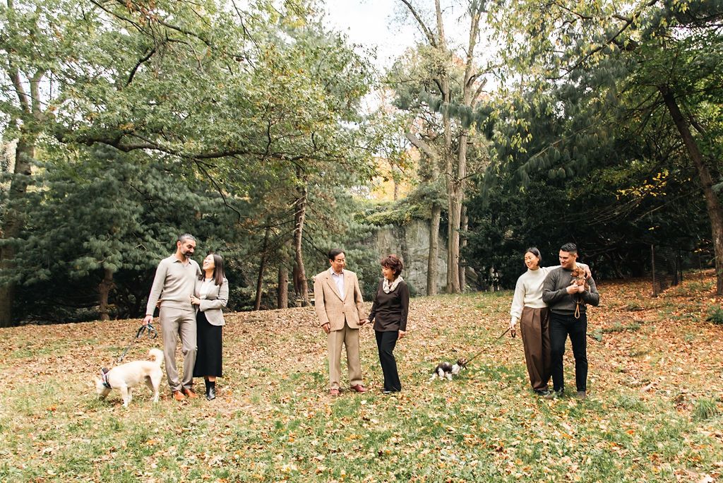 Three couples with dogs enjoy an autumn day in a leaf-covered park surrounded by tall trees.