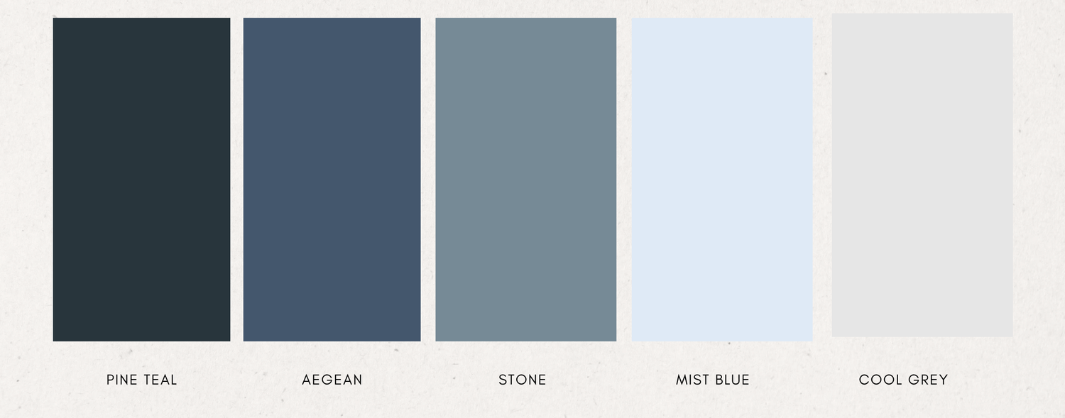 Minimalist color scheme with deep navy, steel blue, gray and white tones arranged in blocks.