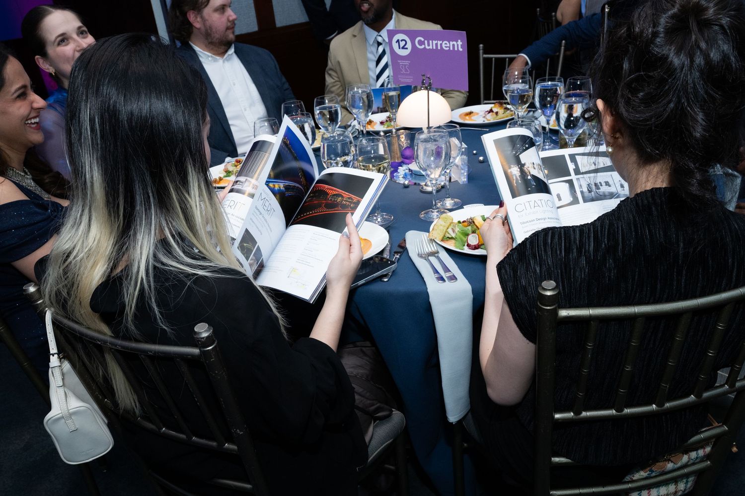 Guests in formal attire review event programs at a elegantly set dinner table during a gala fundraiser.