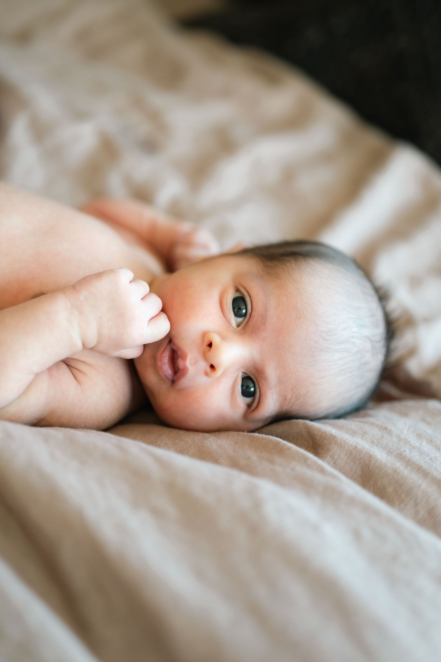 Close-up portrait series of newborn baby lying on soft bedding.