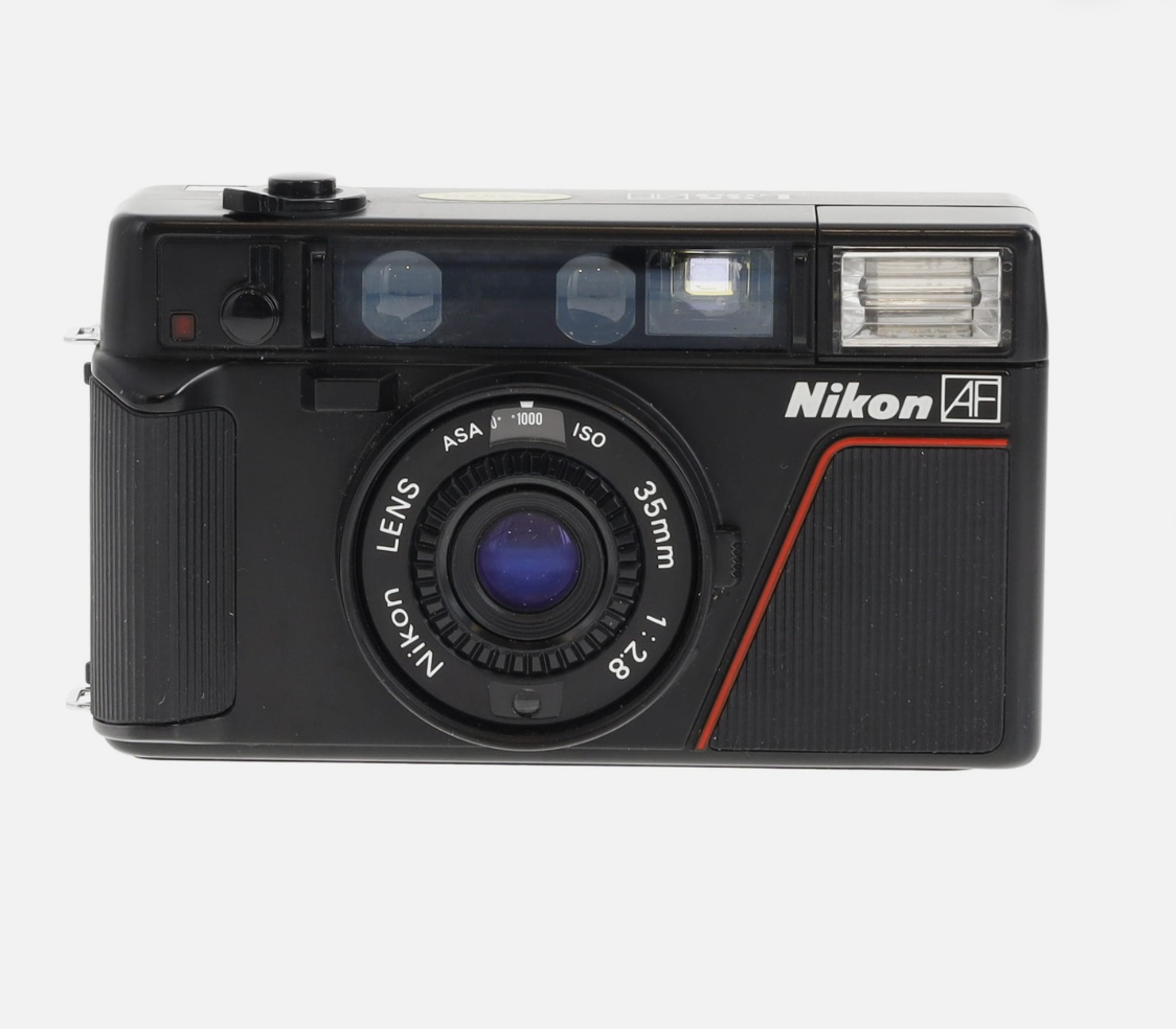 Vintage Nikon L35AF point and shoot film camera shown from multiple angles.