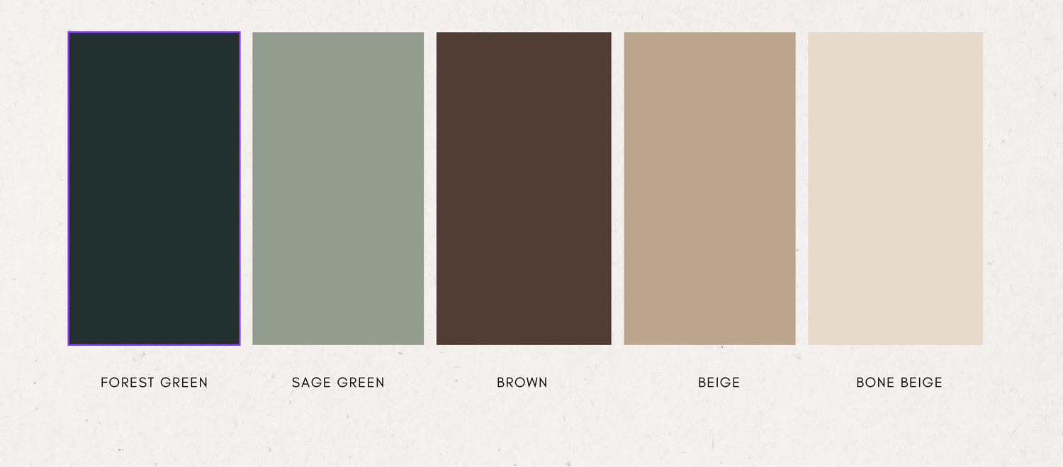 Neutral color palette featuring forest green, sage, brown, beige and cream tones in a modern design scheme.