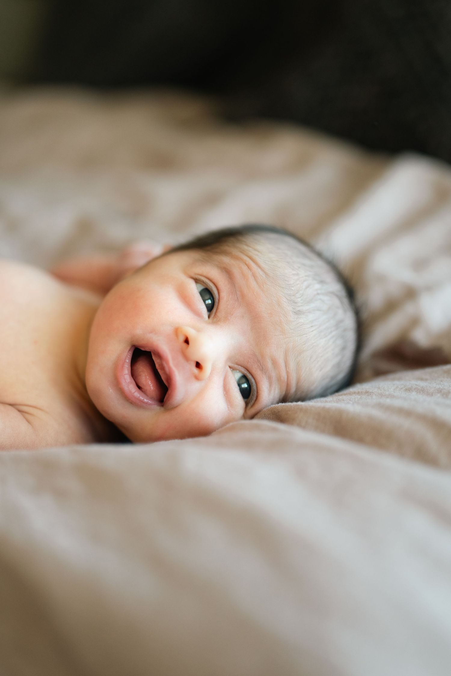 Artistic series of newborn baby portraits showing different expressions on light bedding.