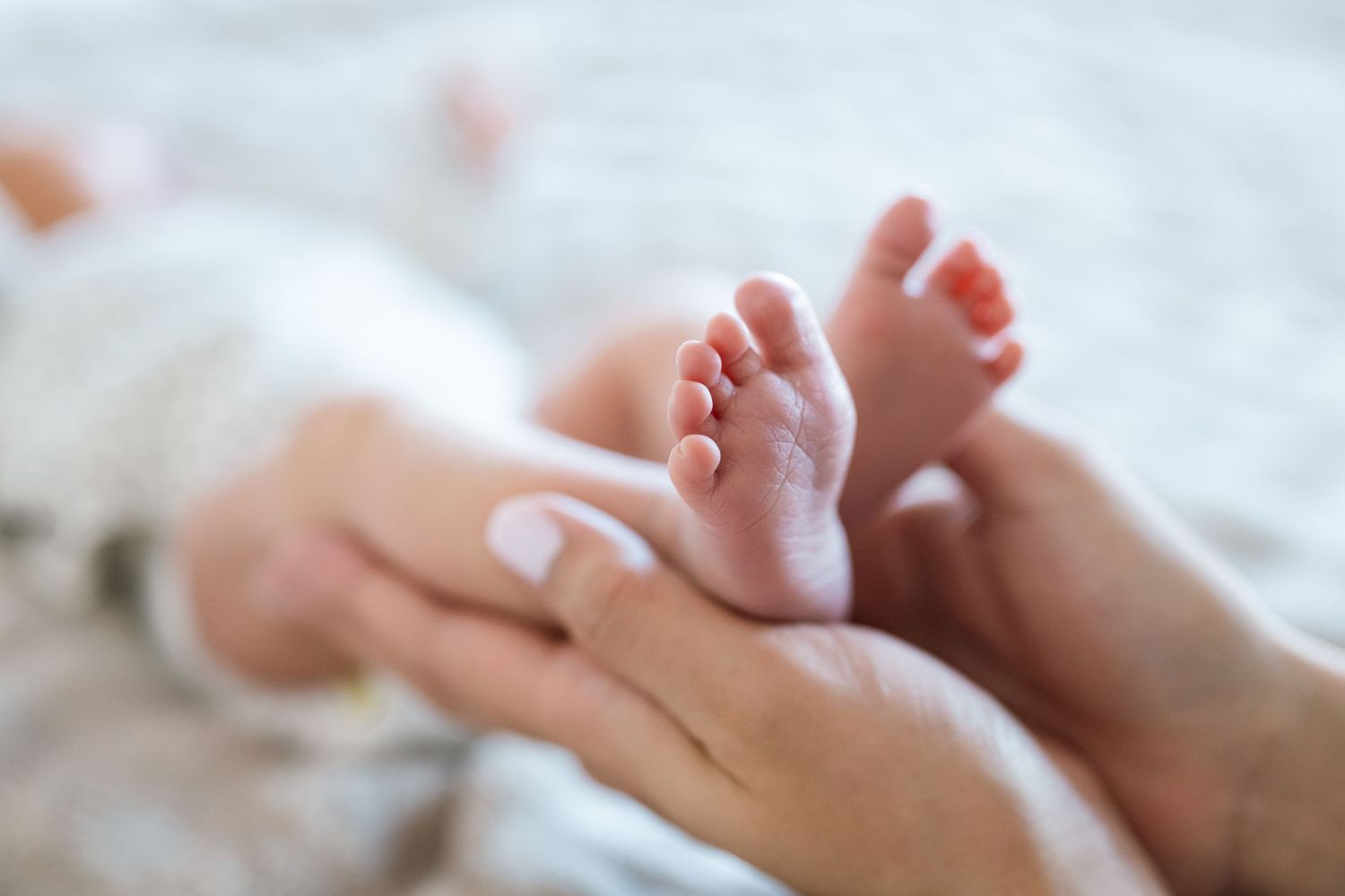 Close-up of tiny baby feet being gently held against white textured bedding.