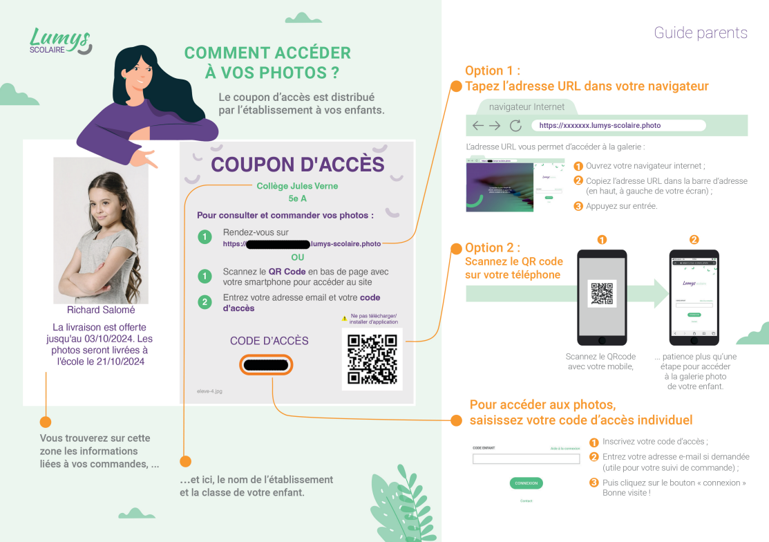 French parent guide showing how to access school photos using an access coupon with QR code and URL options.