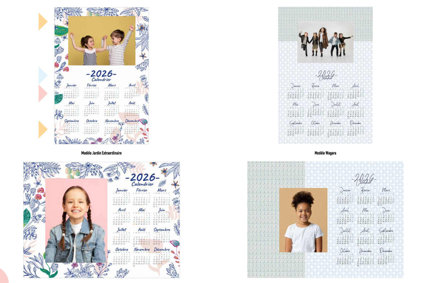 Four personalized 2026 photo calendar designs featuring children portraits with floral and decorative borders in portrait layout.