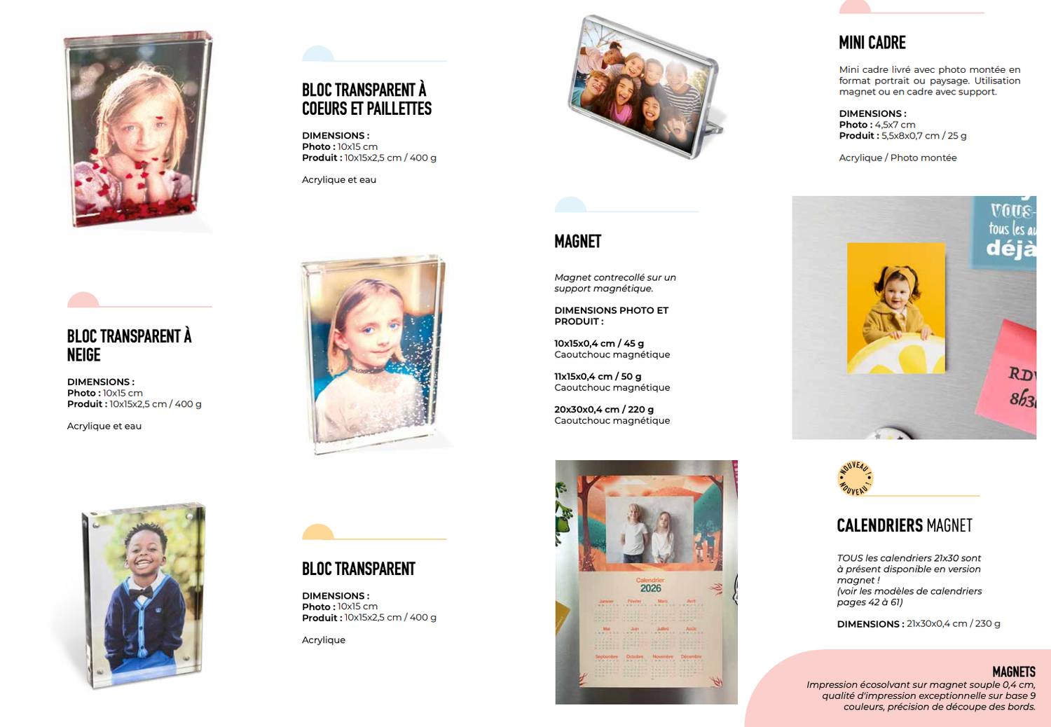 Personalized photo blocks, magnets, and calendars displayed in a French product catalog with various customizable designs.