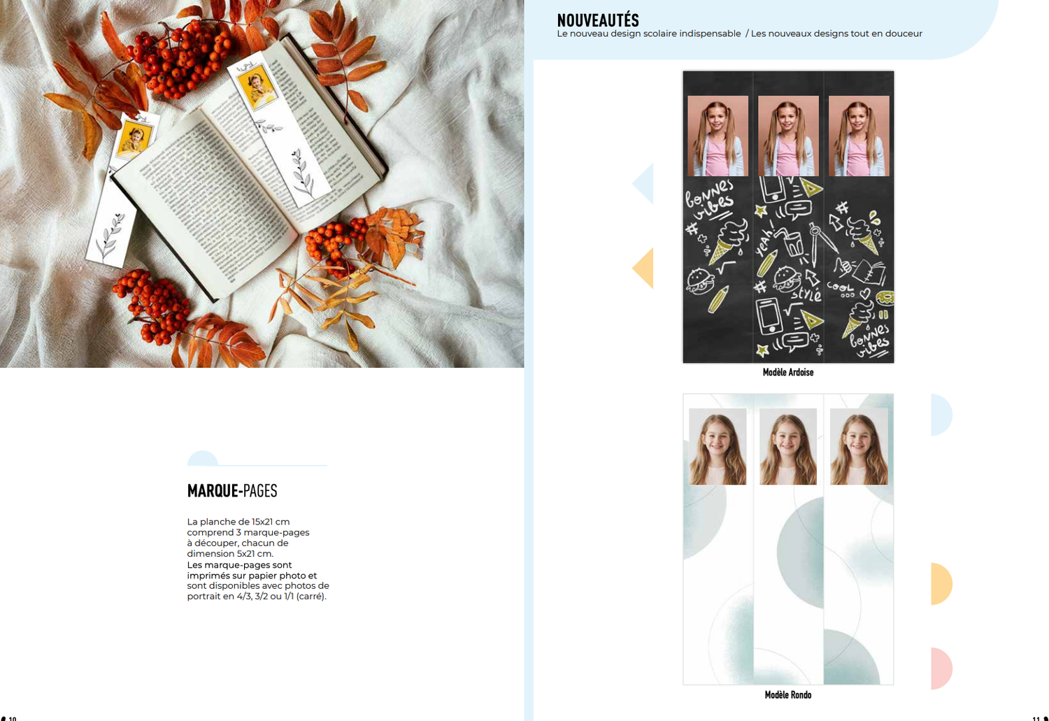 Flat lay of an open book with autumn leaves and red berries beside passport photos of a young woman on a white background.
