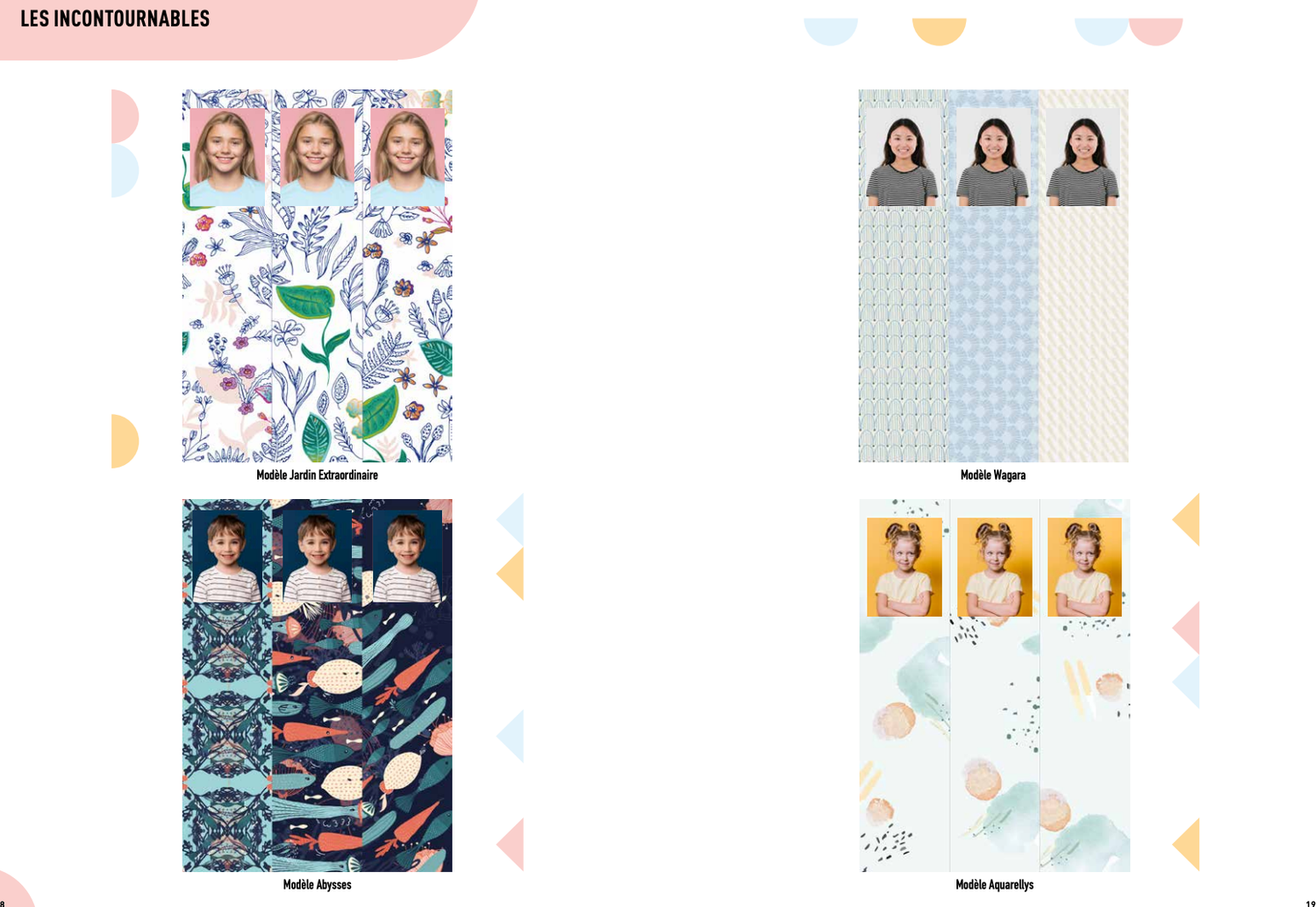 Colorful photo book layouts featuring portraits of a young girl with floral and space-themed decorative backgrounds for school photos.