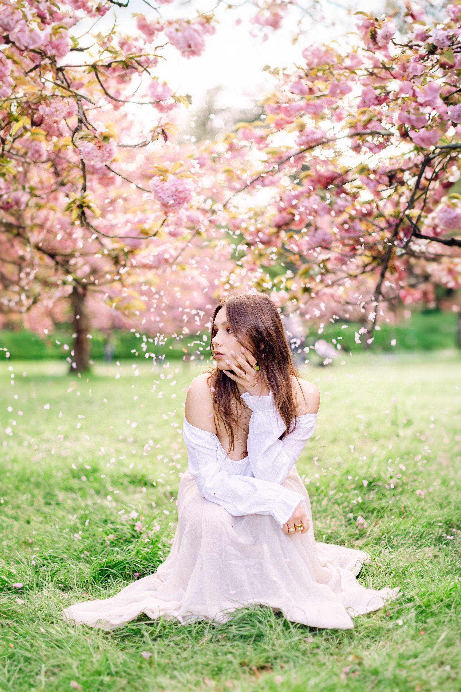 Young woman in white dress sitting on grass under blooming pink cherry blossom trees in spring garden.