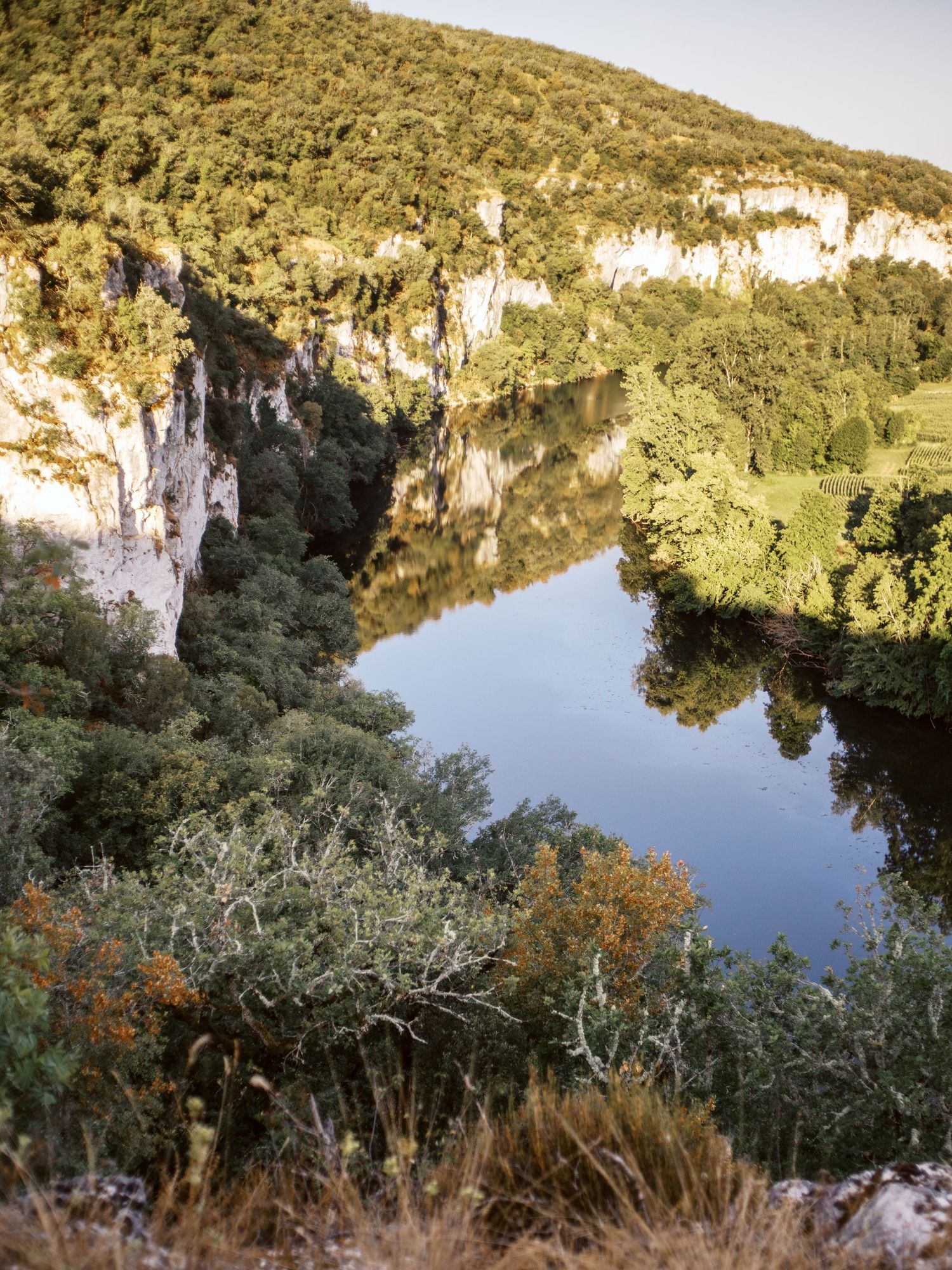 Scenic river canyon with limestone cliffs, lush green trees, and calm reflective water in a natural landscape.