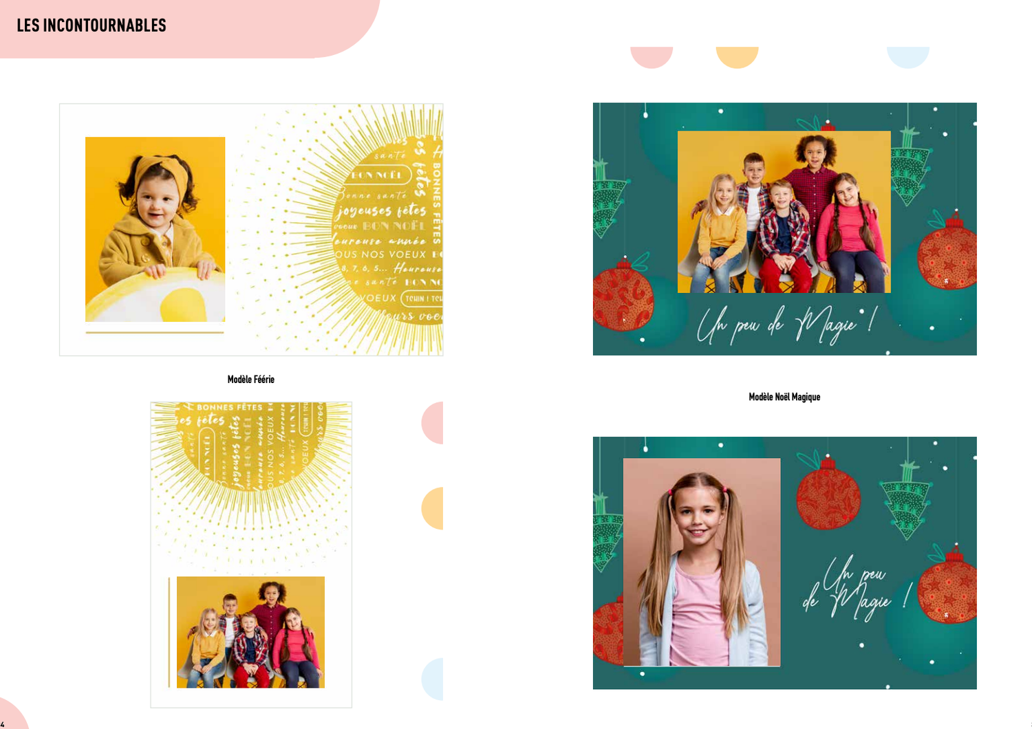Festive holiday photo cards featuring children in colorful Christmas-themed layouts with decorative ornaments and seasonal greetings.