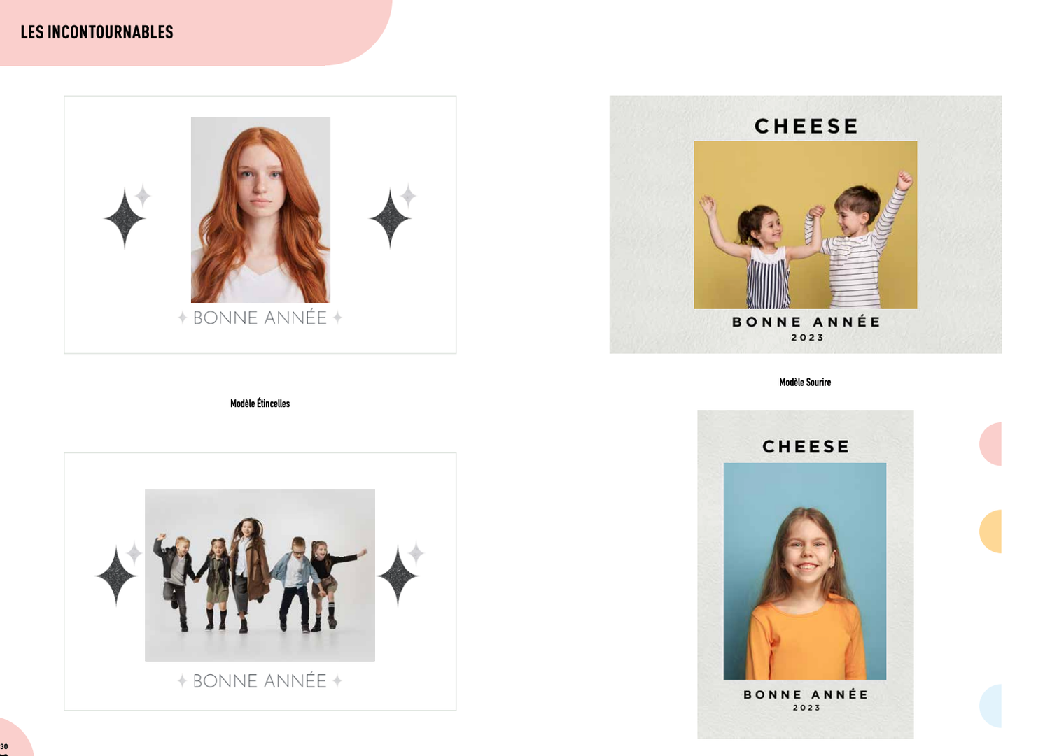 Four festive New Year greeting card templates featuring children posing with Bonne Annee text and Cheese photography studio branding.