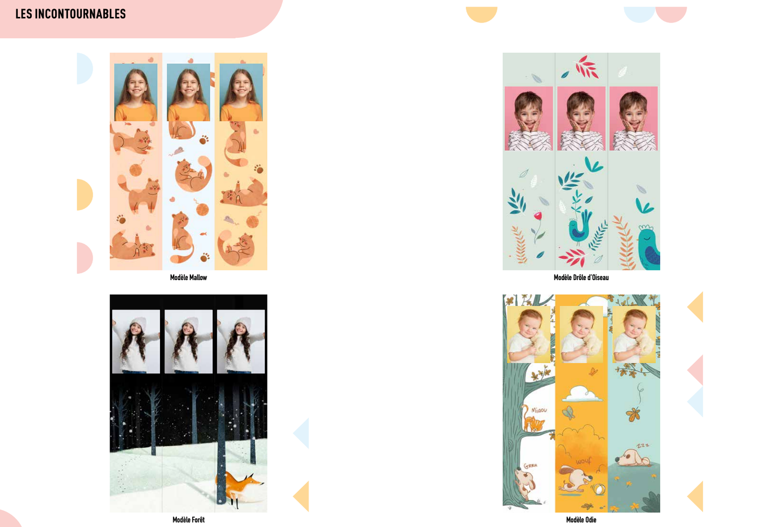 Colorful photo booth strip templates featuring children portraits with floral and nature-themed decorative borders in pastel tones.