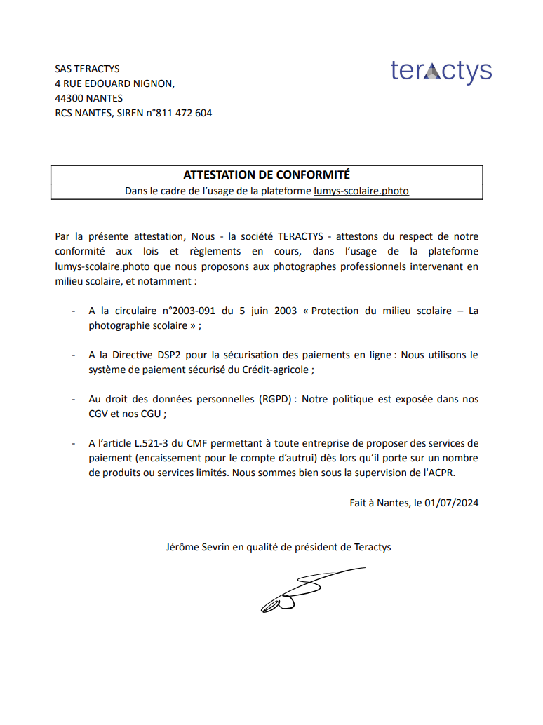 Official French conformity attestation document from SAS Teractys for lumys-scolaire.photo platform compliance.