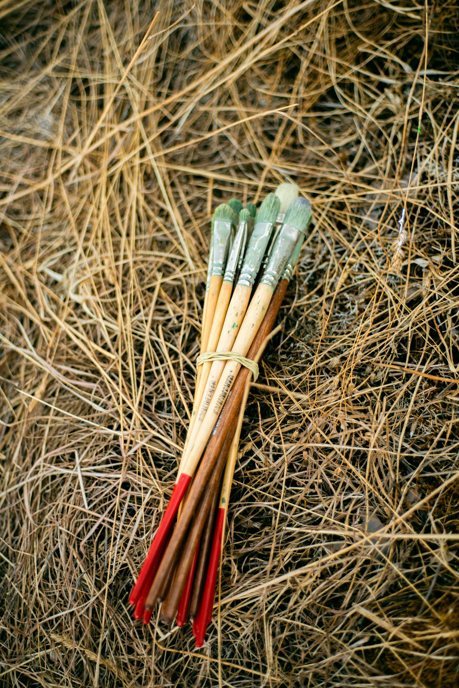 Bundle of artist paintbrushes with green bristles tied together, resting on dry golden hay.
