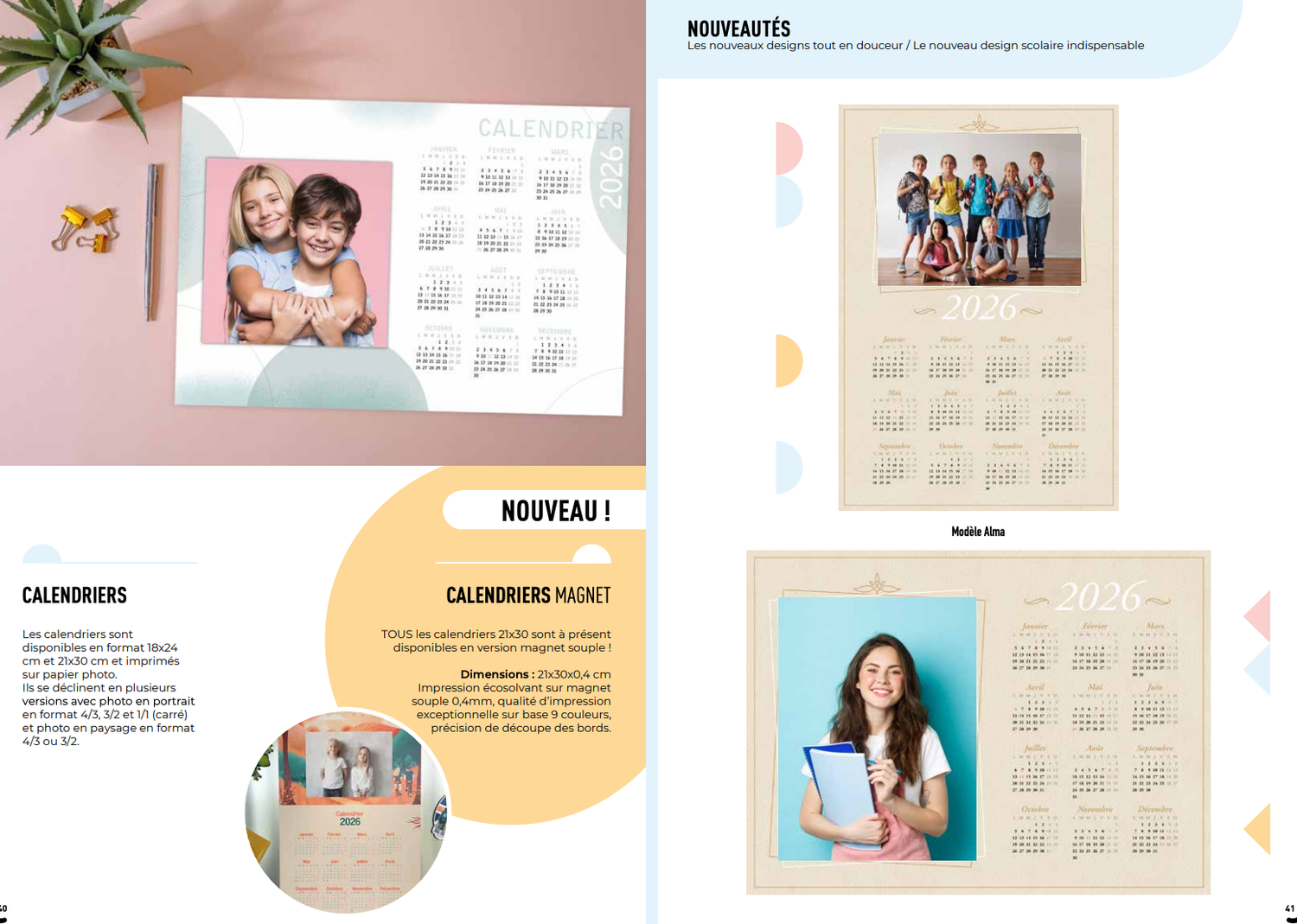 French photo calendar catalog page showcasing personalized wall calendars with family photos, featuring modern designs in pastel colors.