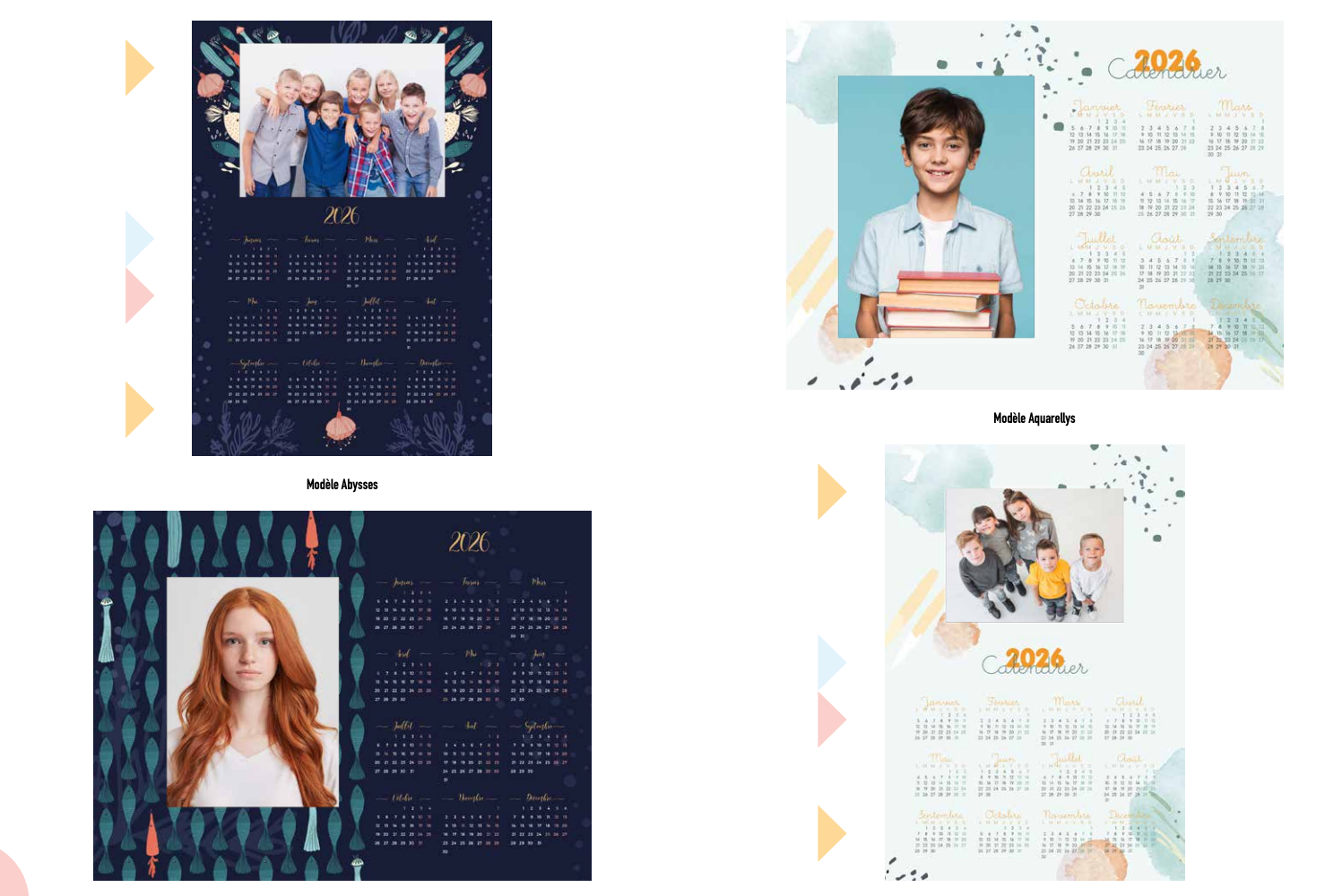 Four colorful 2026 photo calendar templates featuring portraits and group photos on dark and light backgrounds.