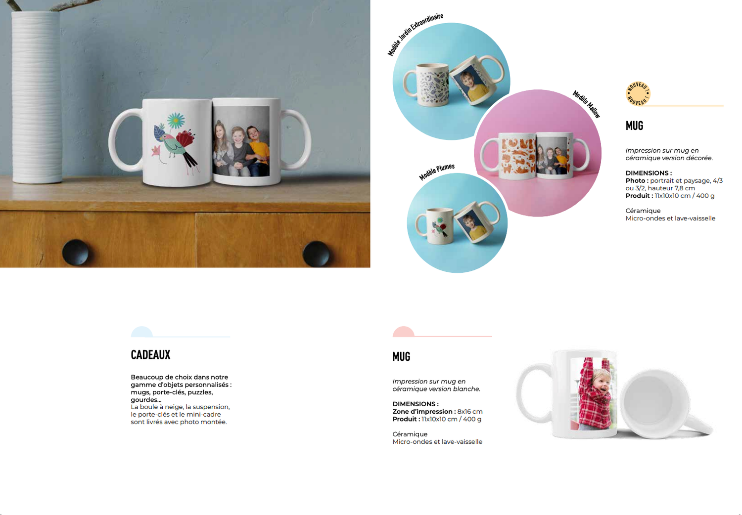 White ceramic mugs with custom photo prints displayed on wooden dresser and promotional product layout.
