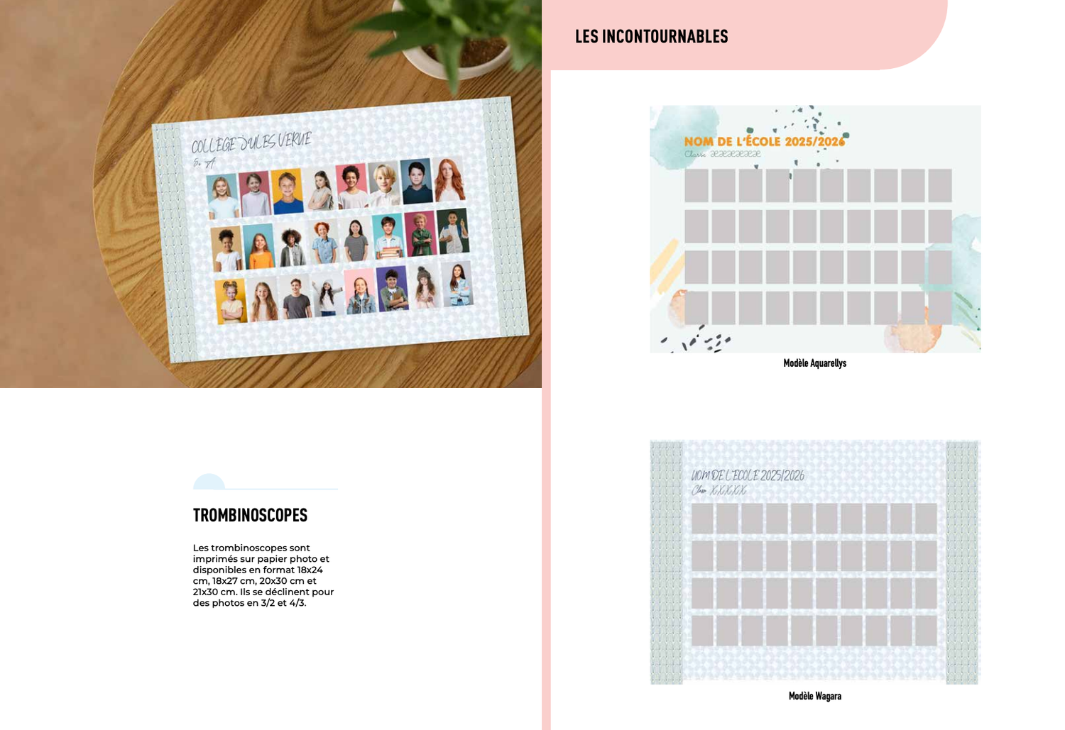 Colorful photo book layout featuring trombinoscopes and calendar designs with portrait photos arranged in grid patterns.