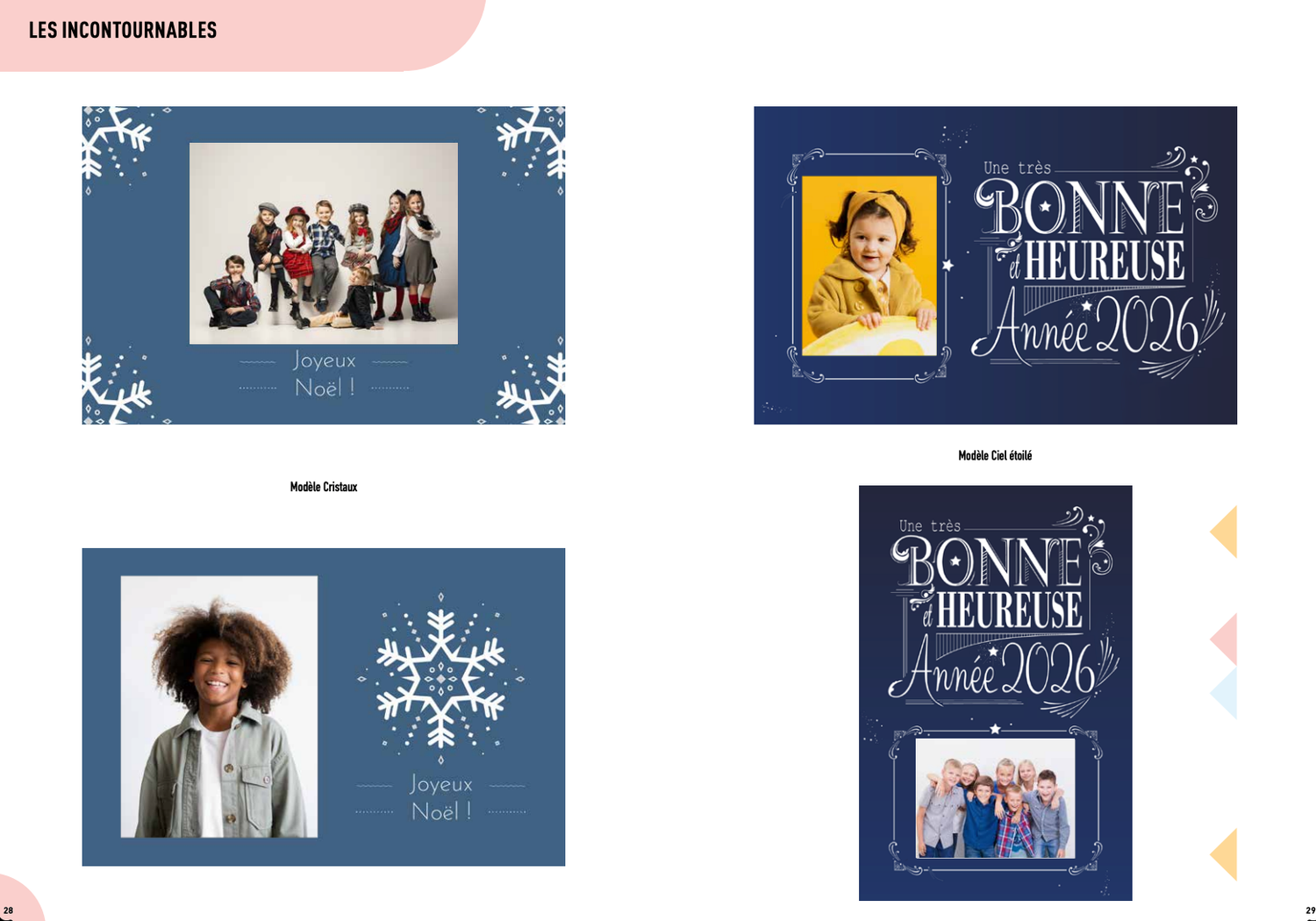 Blue holiday greeting cards featuring family photos, snowflakes, and Bonne et Heureuse Annee 2026 festive text.