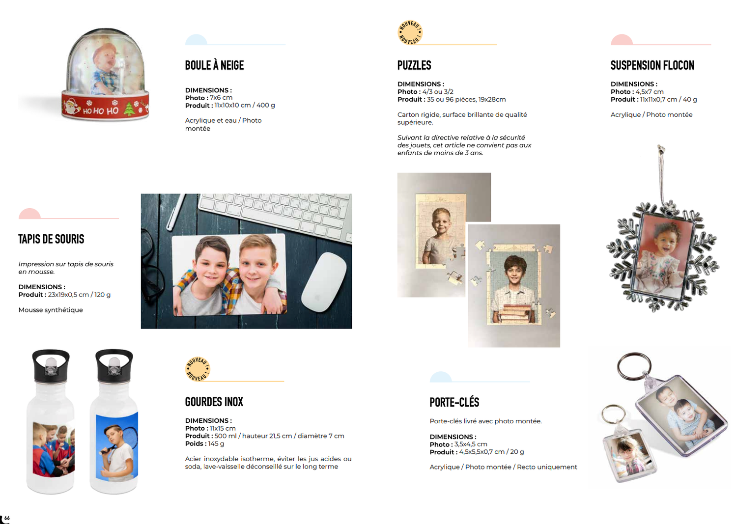 Personalized photo gifts catalog featuring snow globe, puzzle, mouse pad, water bottles, keychain, and ornament products.