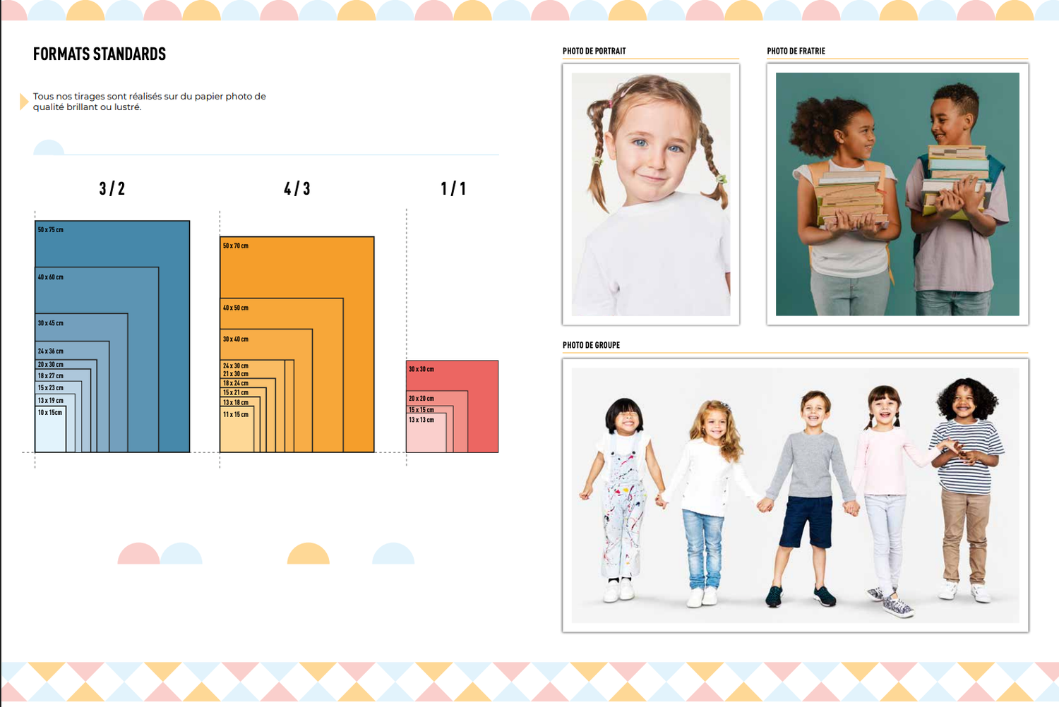 Children's clothing brand style guide showing format standards with aspect ratio diagrams and kids modeling casual outfits.