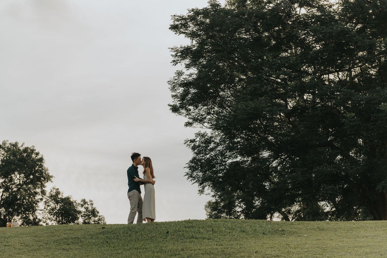 A silhouetted couple stands close together on a hilltop against a moody sky.
