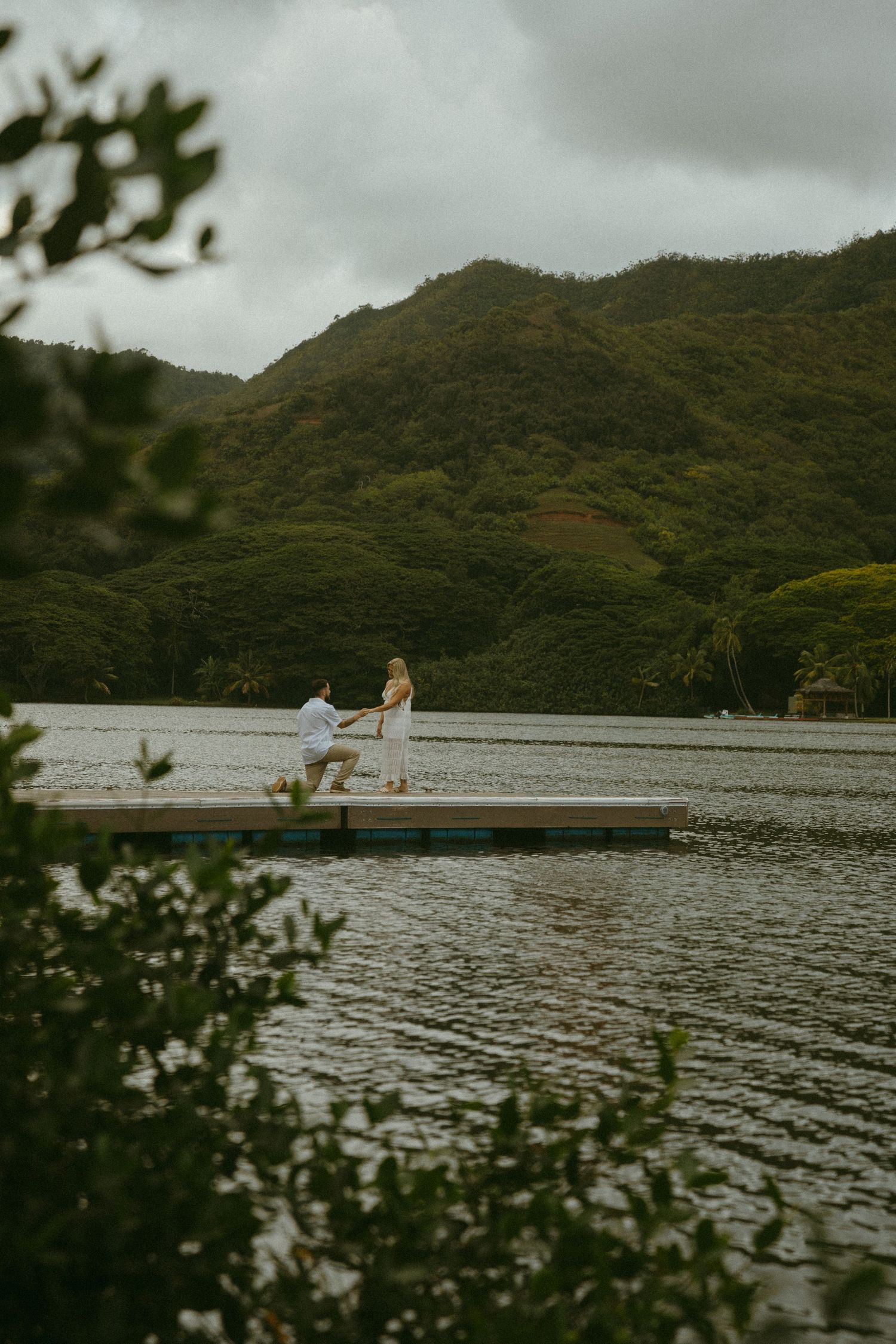 A misty lake view with green mountains and a wooden dock extending into calm waters.