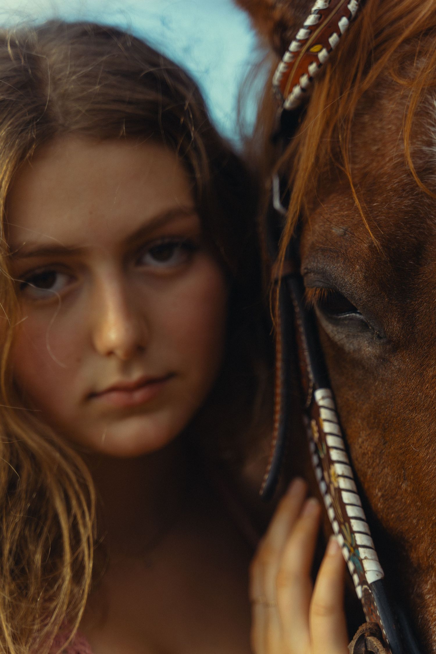 Close-up artistic portrait of a doll with large eyes and brown hair next to a horse.