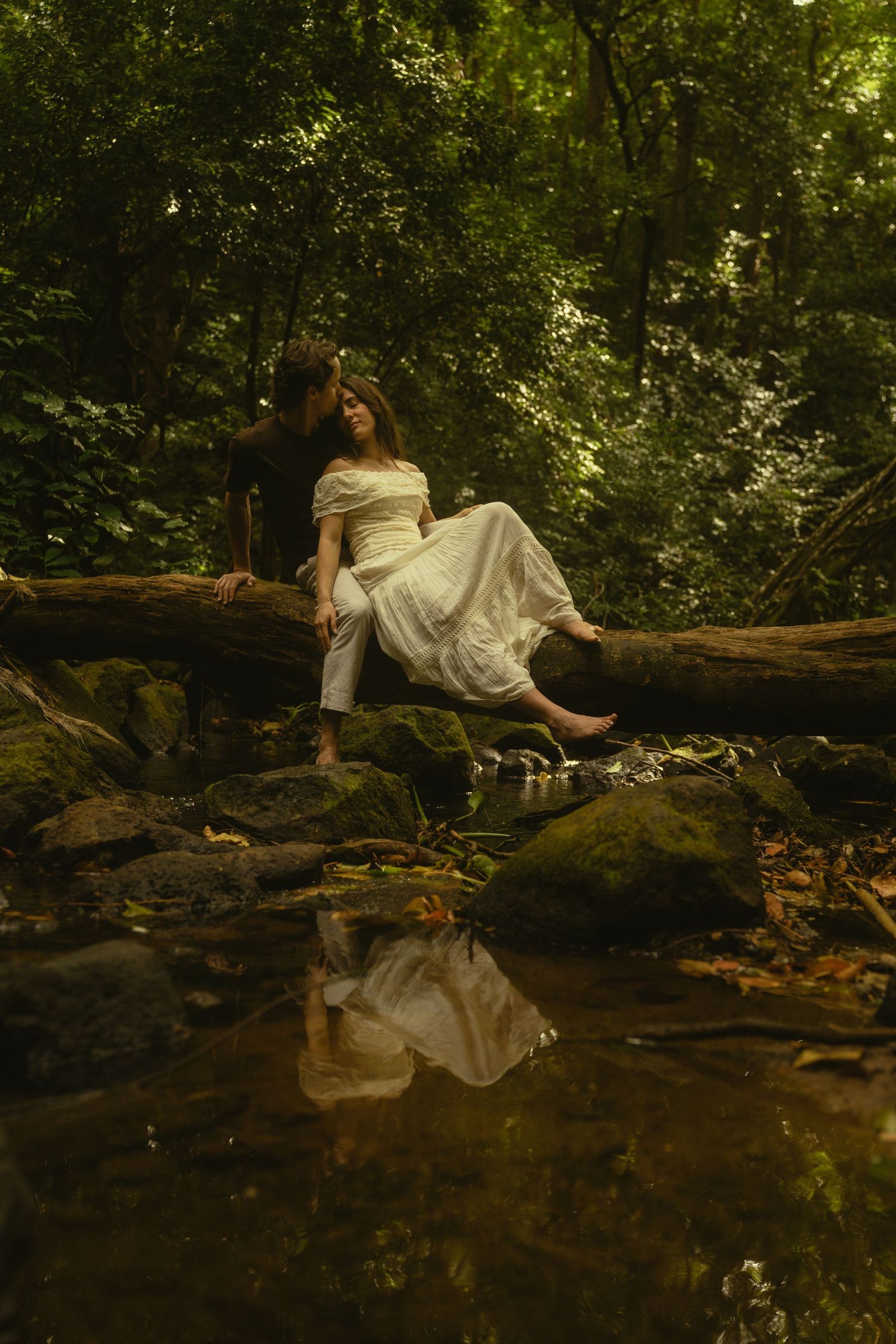 A dreamy forest scene shows someone in a white dress resting on a fallen log over a reflective woodland stream.