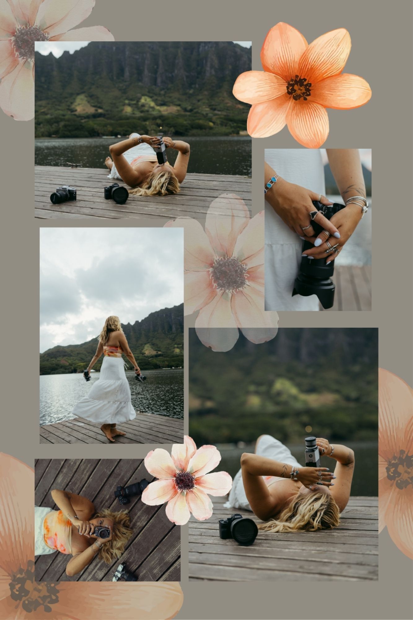 A romantic photo collage with floral overlays against a mountain backdrop.