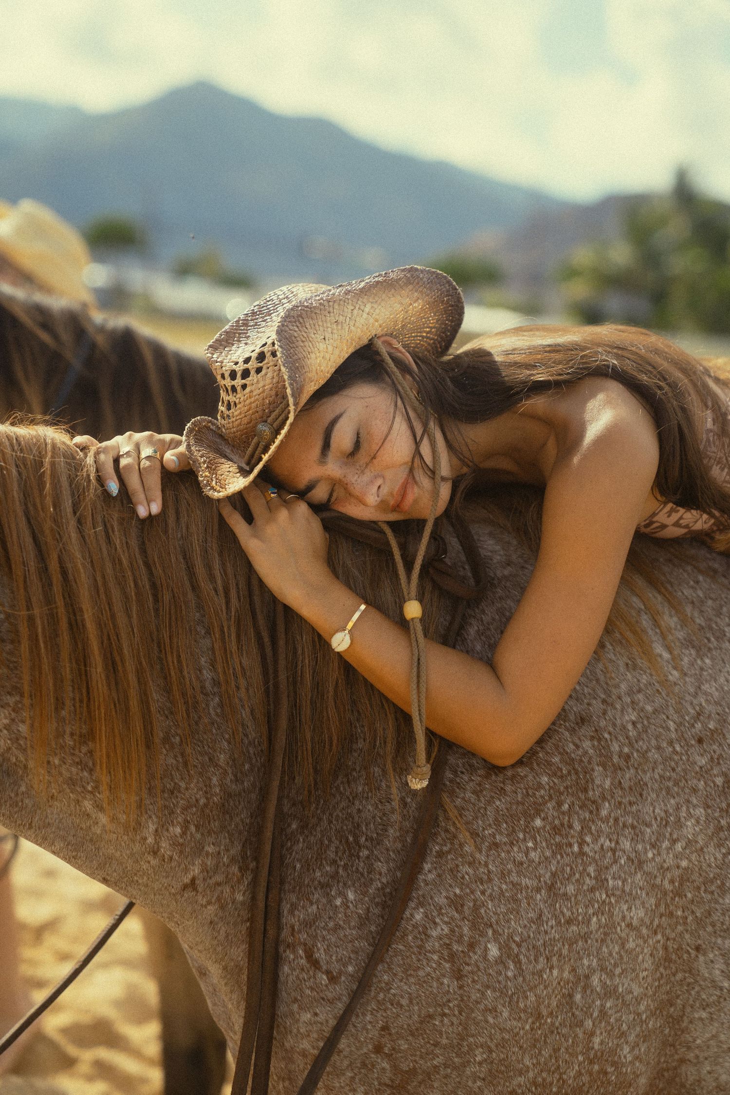 A figure rests peacefully on a brown horse against a mountainous backdrop in warm sunlight.