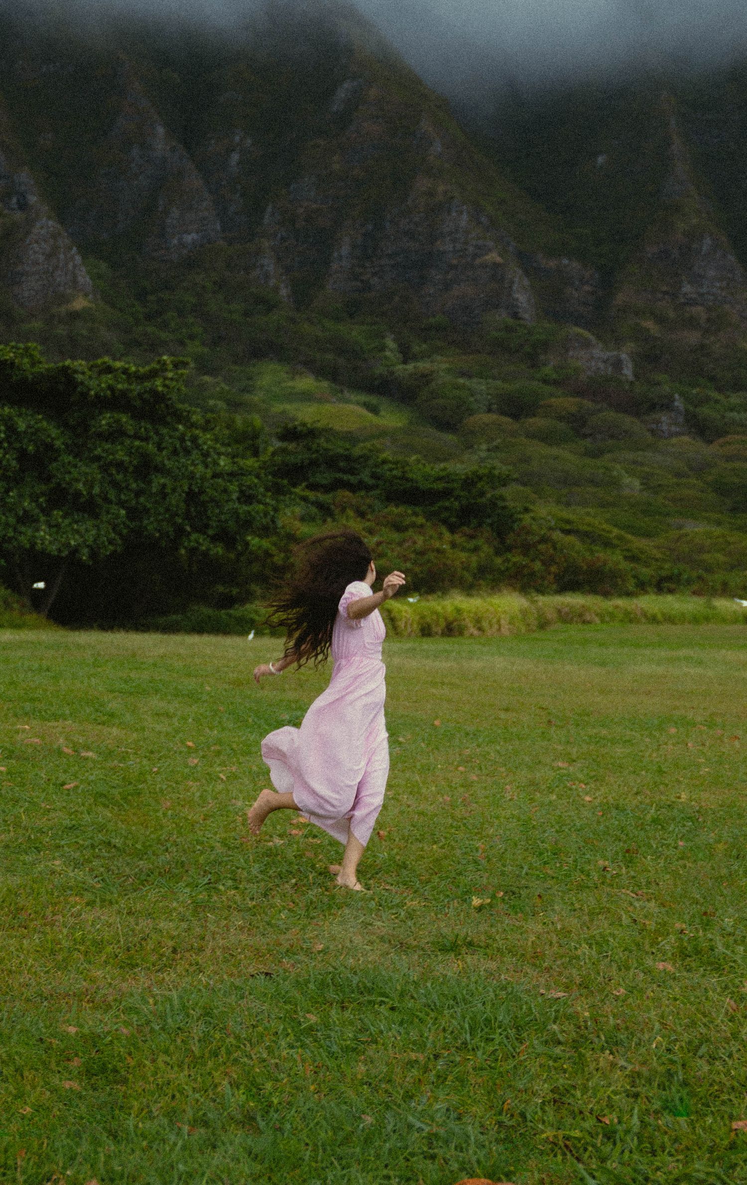 Person in flowing pink dress twirls through green field with dramatic mountain backdrop.