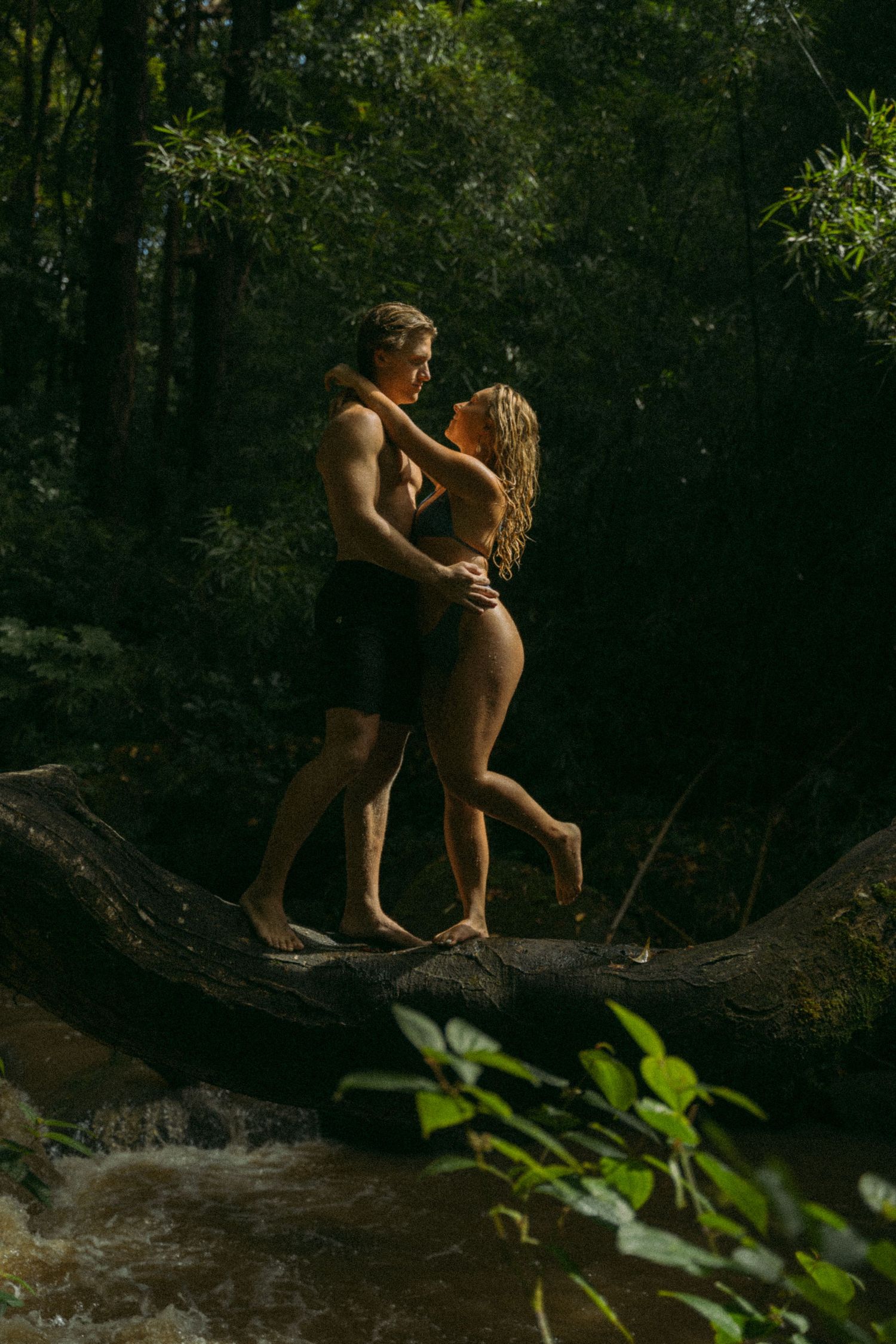 Artistic sequence captured in a shadowy forest setting with natural lighting.