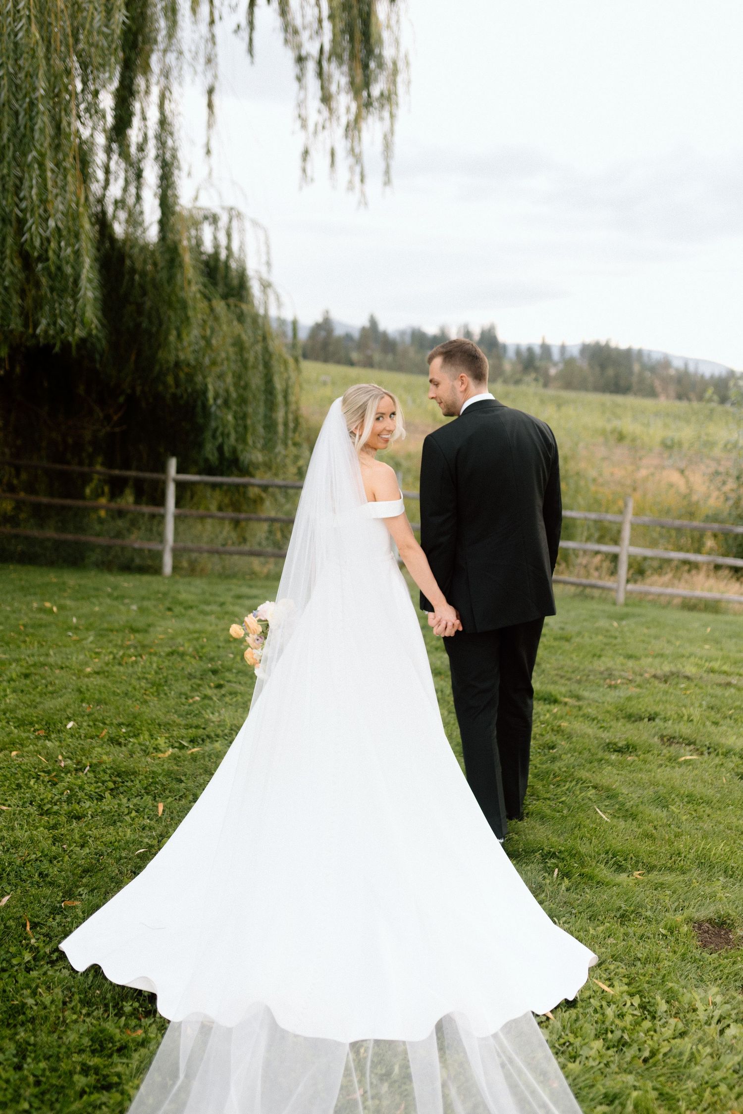 A series of wedding photos showing a couple walking through a pastoral garden setting.