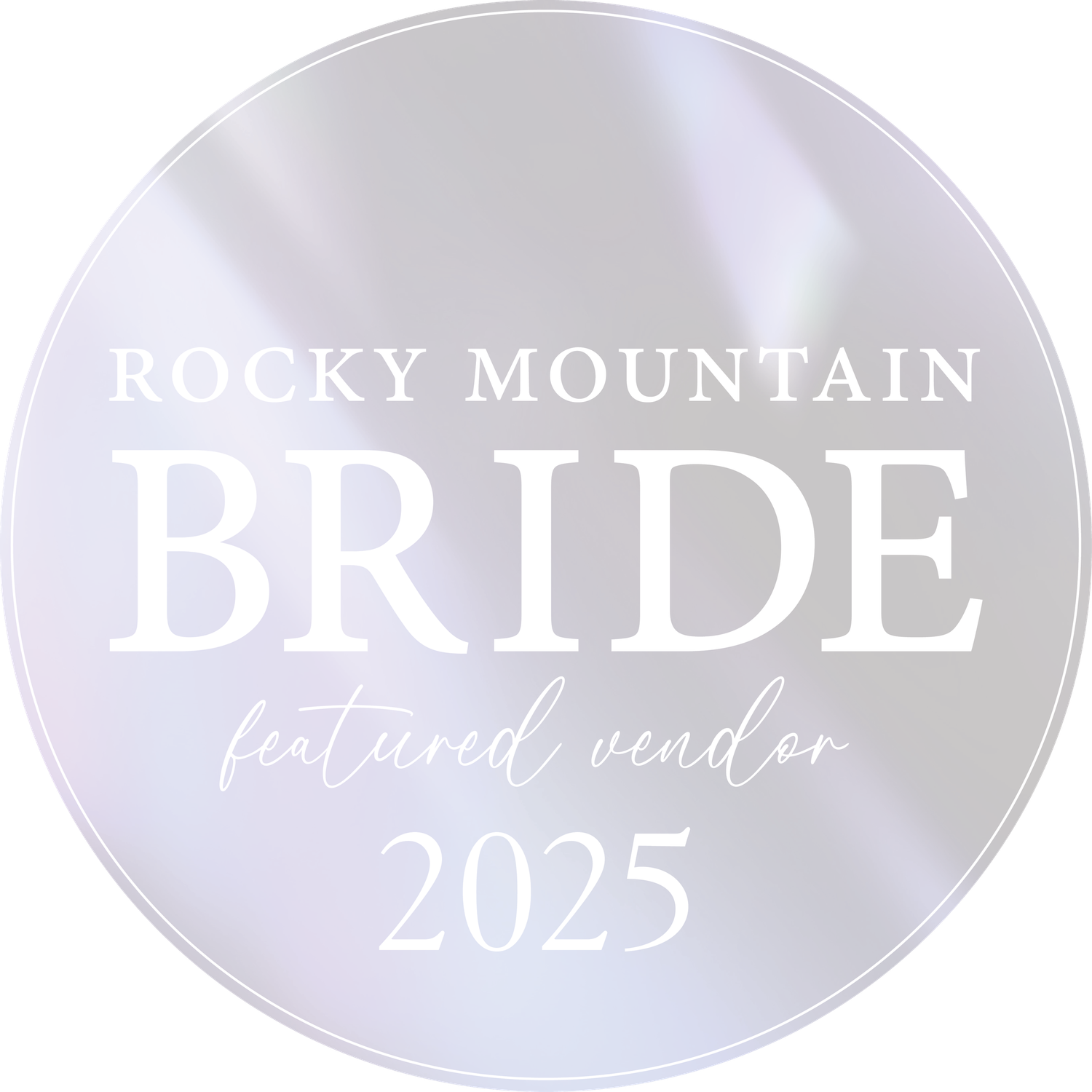 White circular logo badges for Rocky Mountain Bride magazine featuring elegant text and minimal design elements.