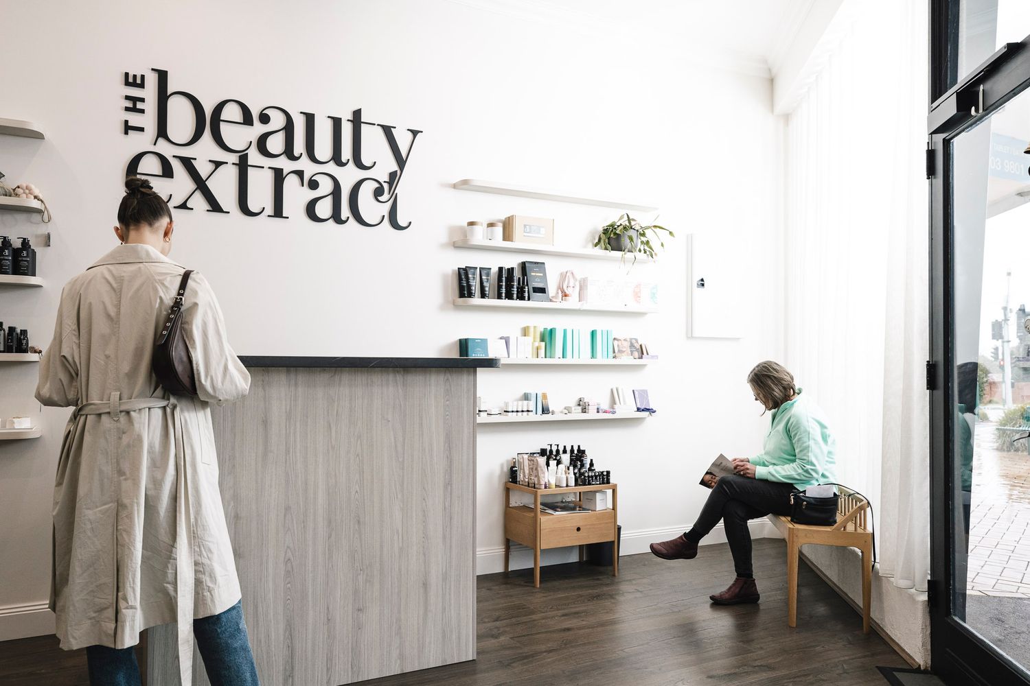 Modern interior design of a minimalist beauty salon reception area with 