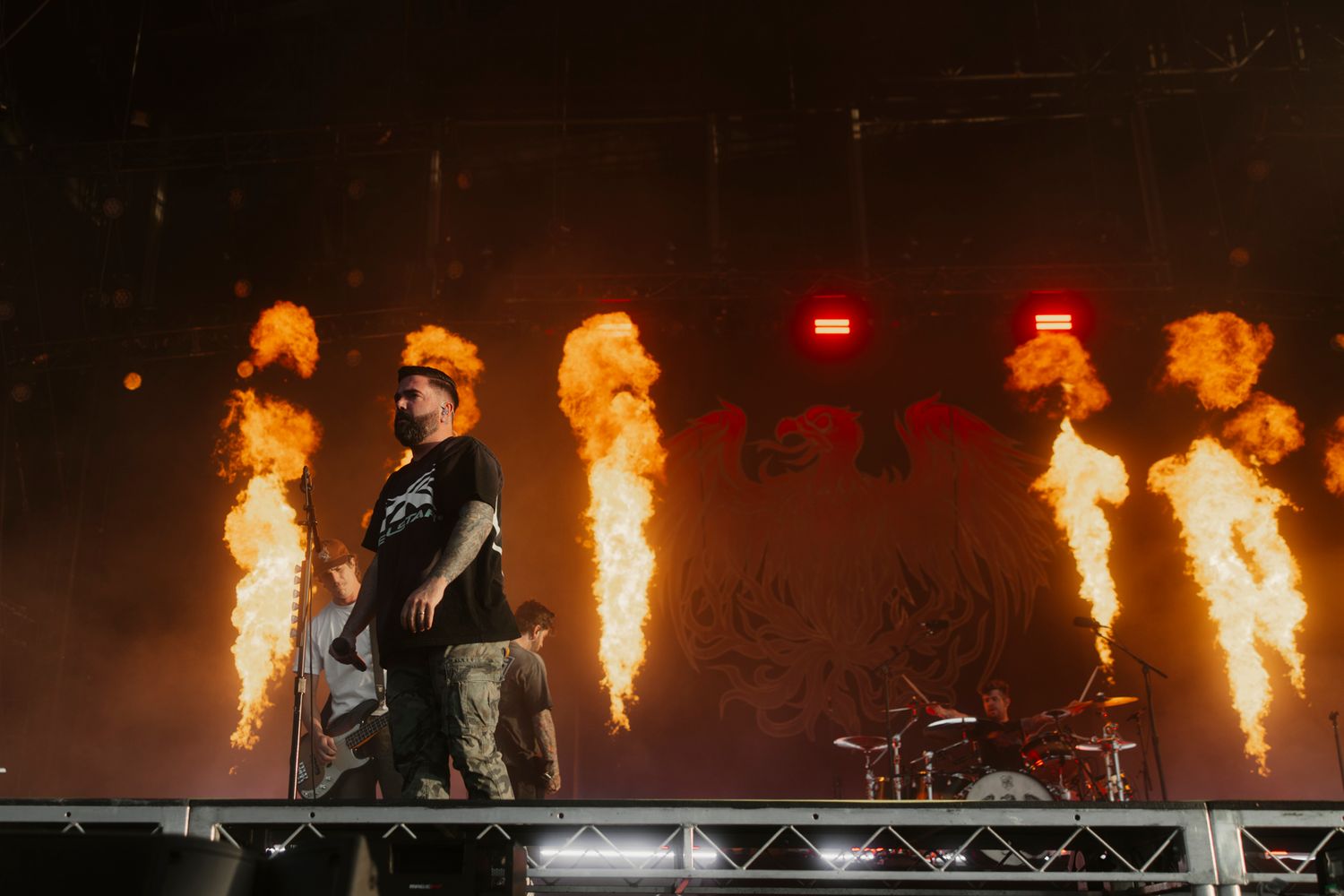 A Day To Remember performing live with massive fire cannons and pyrotechnics on stage at a Melbourne knotfest music festival.
