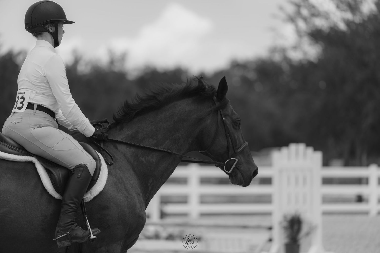 Black and white side profile of an equestrian rider on horseback in an outdoor riding arena.