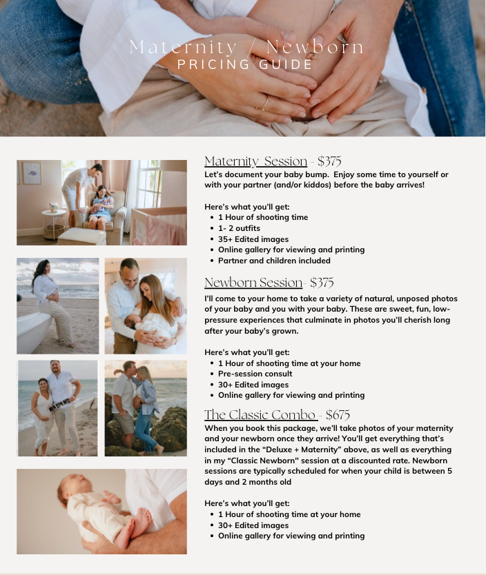 Maternity and newborn photography pricing guide with session packages ranging from $375 to $675.