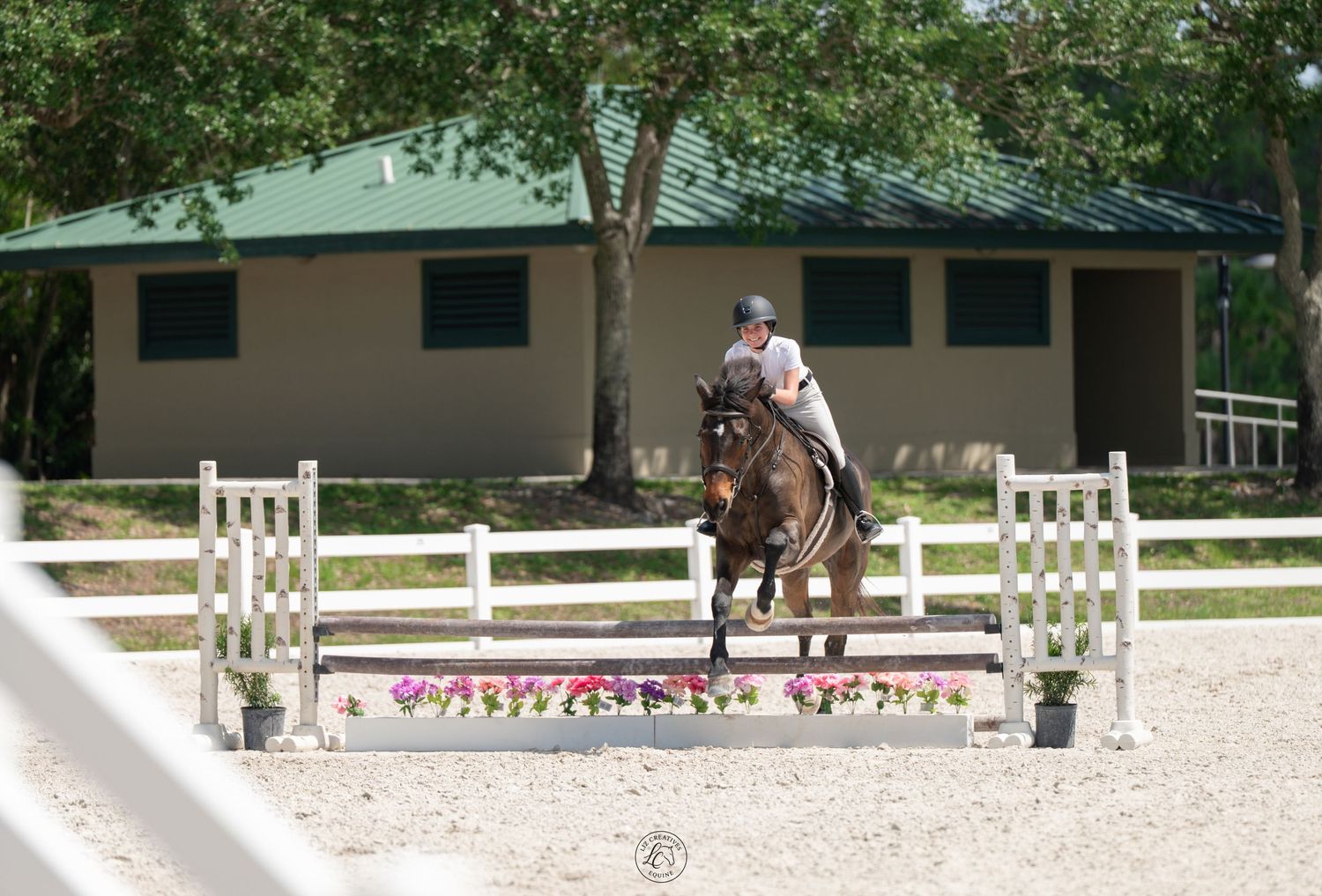 Bay horse and rider jumping over a colorful fence in an outdoor equestrian arena with a green-roofed building.