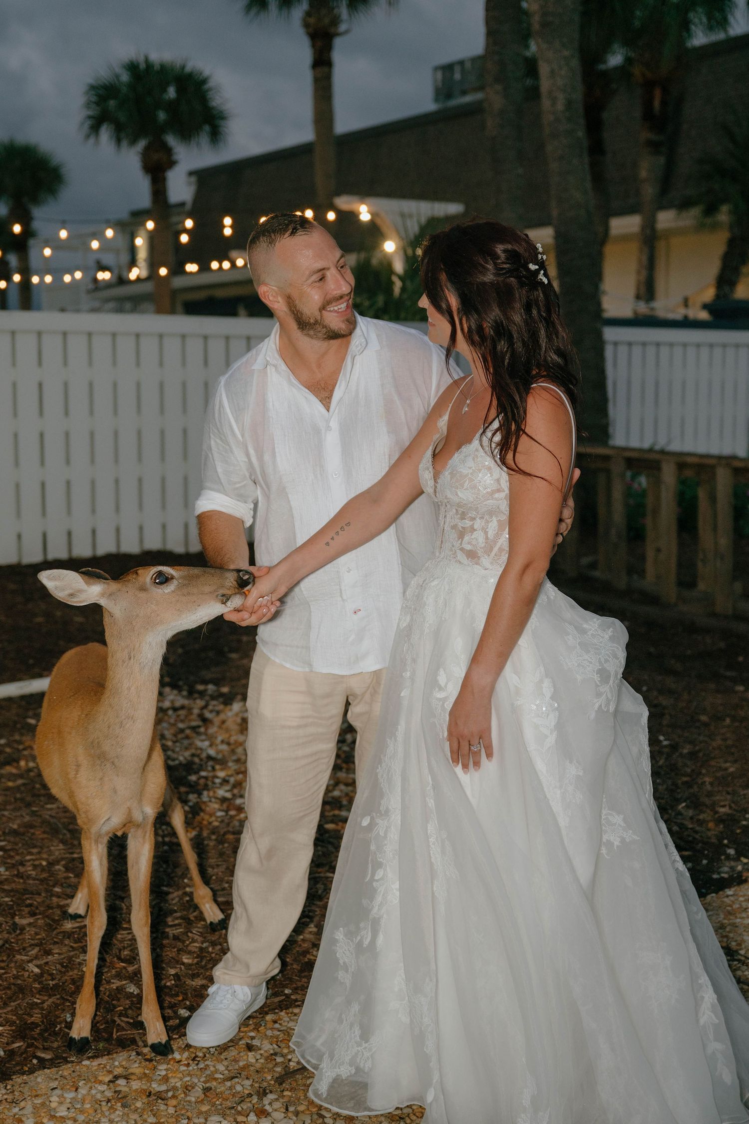Smiling newlyweds in white wedding outfits sharing a moment while a deer eats from the groom's hand.