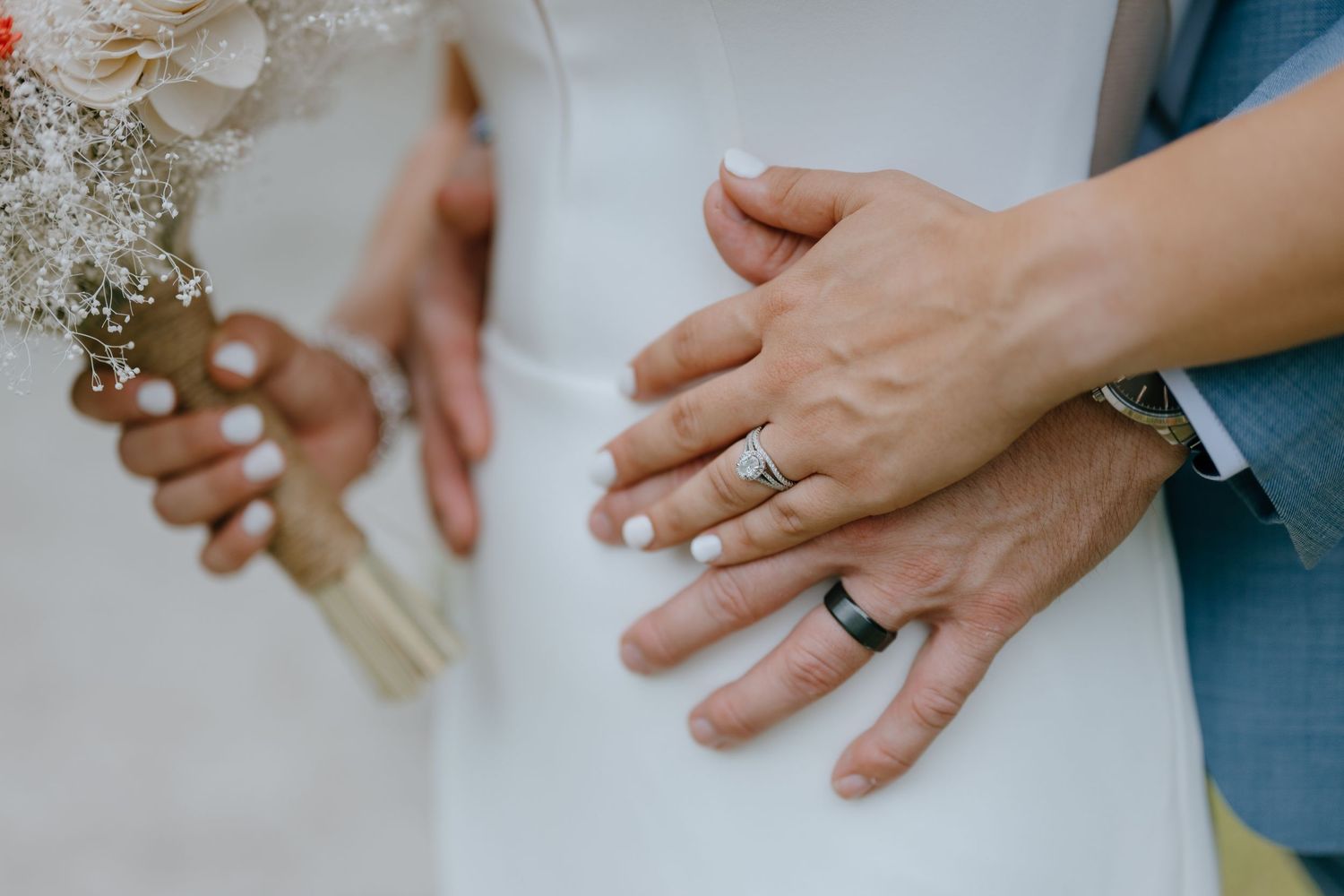 Close-up of bride and groom displaying matching wedding bands with bridal bouquet in background.