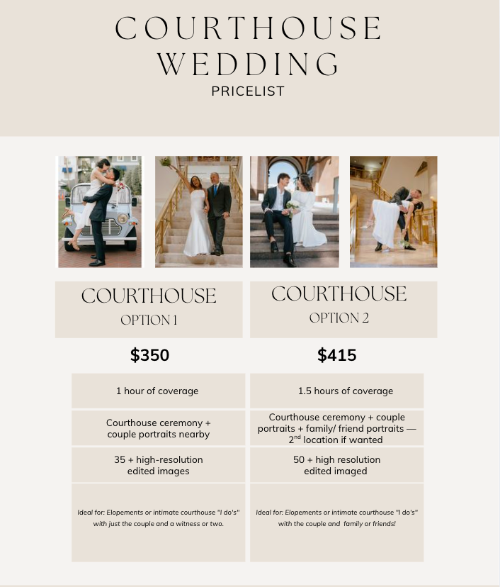 Courthouse wedding photography price list showing two options at $350 and $415 for intimate ceremonies.