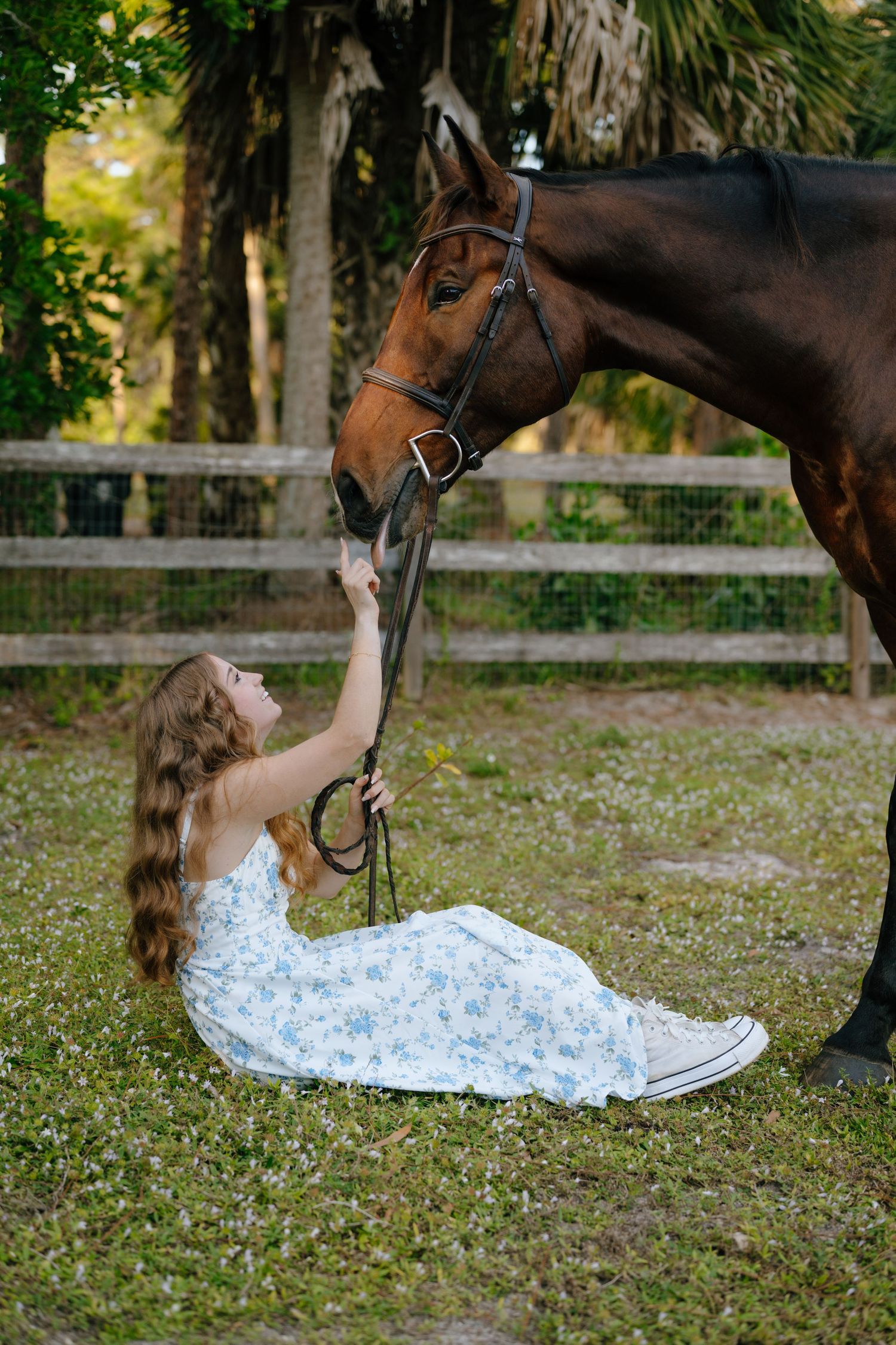 Girl in floral dress sits on grass reaching up to dark bay horse in paddock.