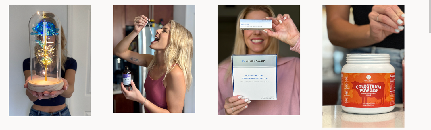 Collage of four lifestyle photos featuring a woman holding various health and wellness products outdoors.
