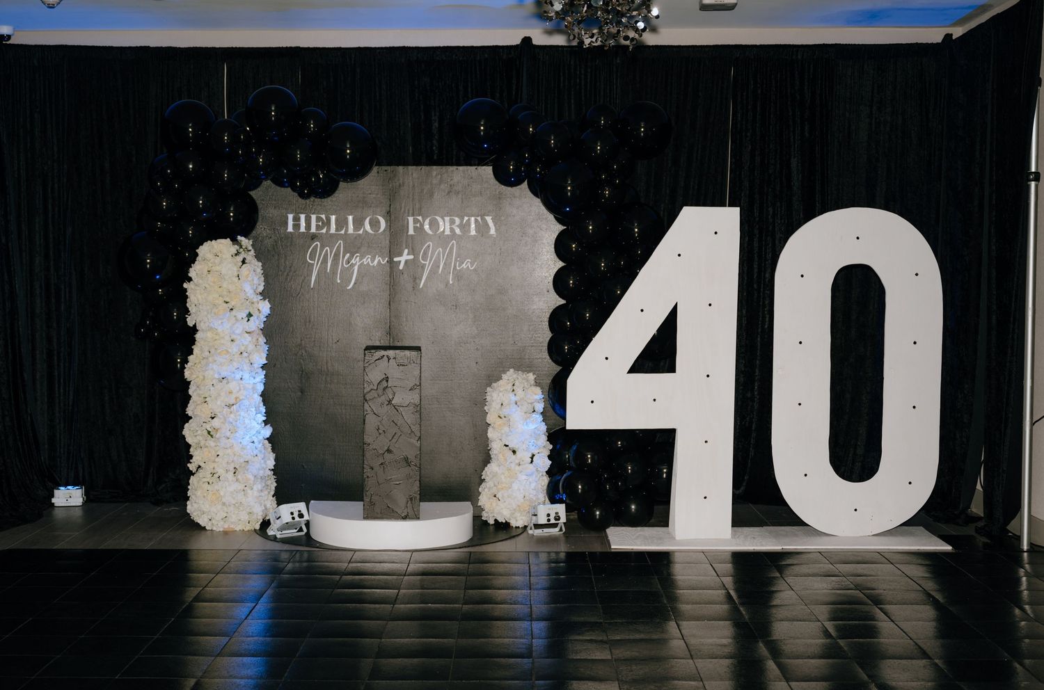 Hello Forty birthday party backdrop with floral columns and illuminated 40 marquee letters.
