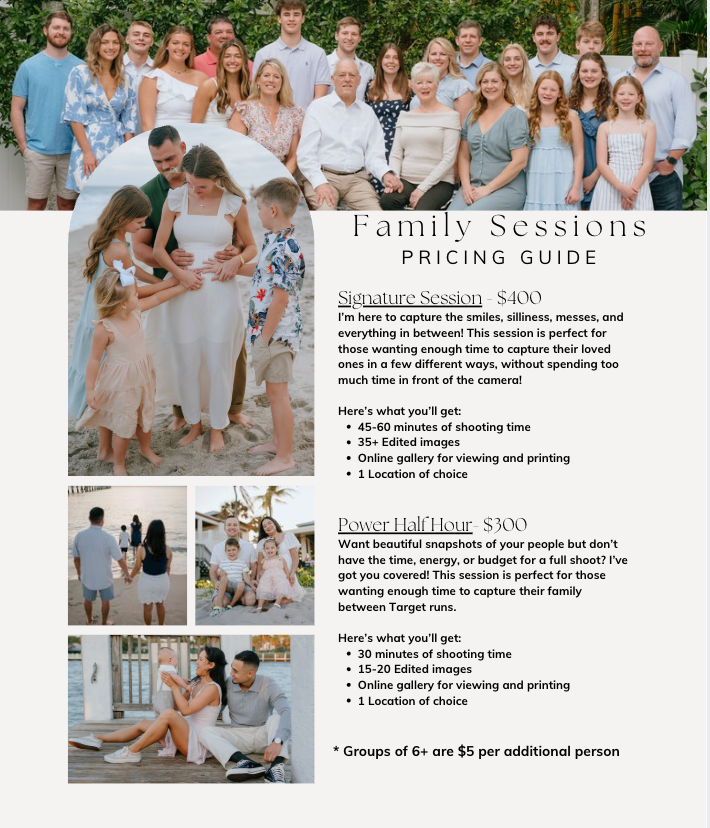 Family photography sessions pricing guide showing group portrait with signature and power half hour packages.